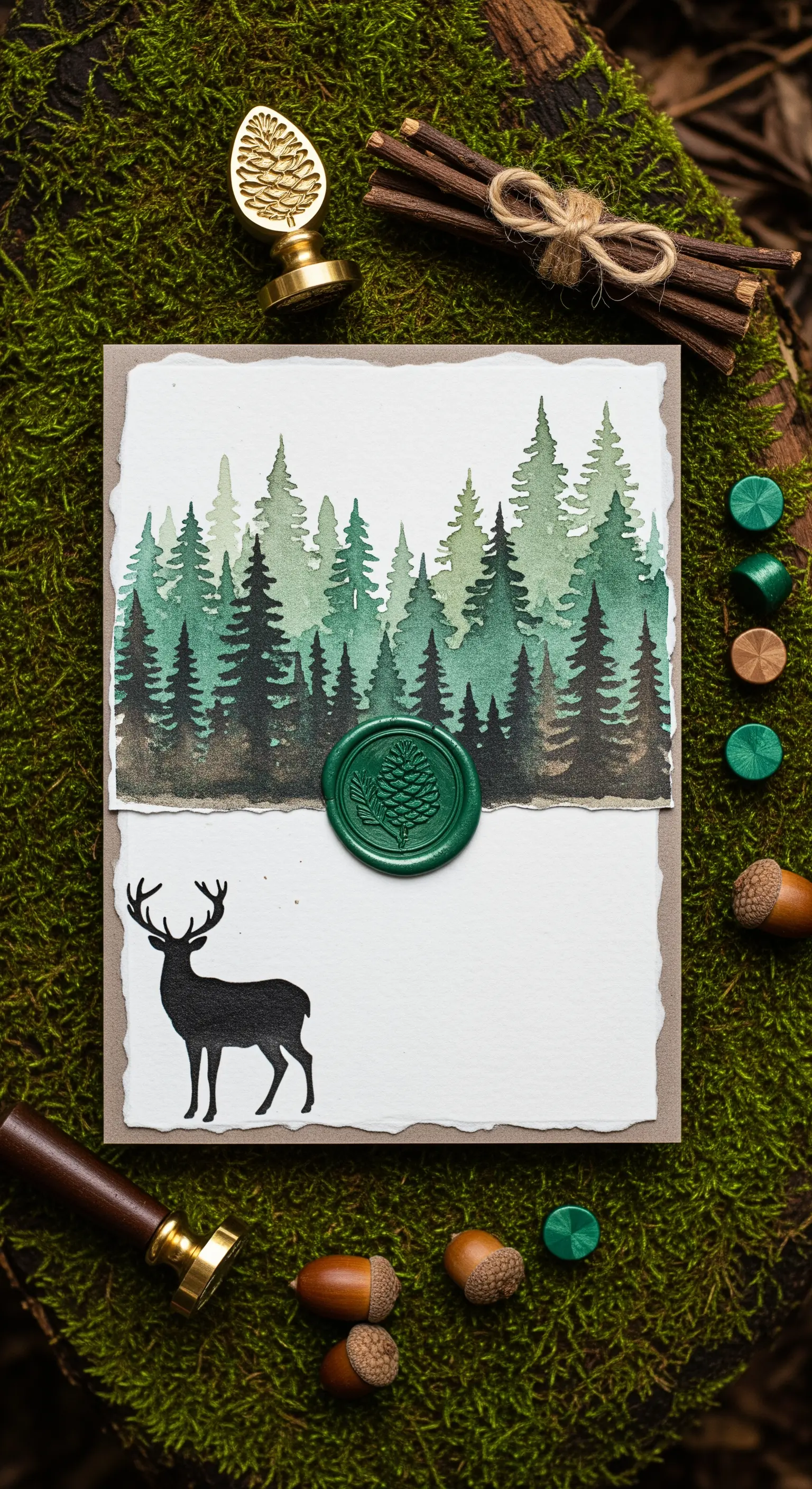 Invito a tema bosco con pini ad acquerello, silhouette di cervo e sigillo in ceralacca verde.