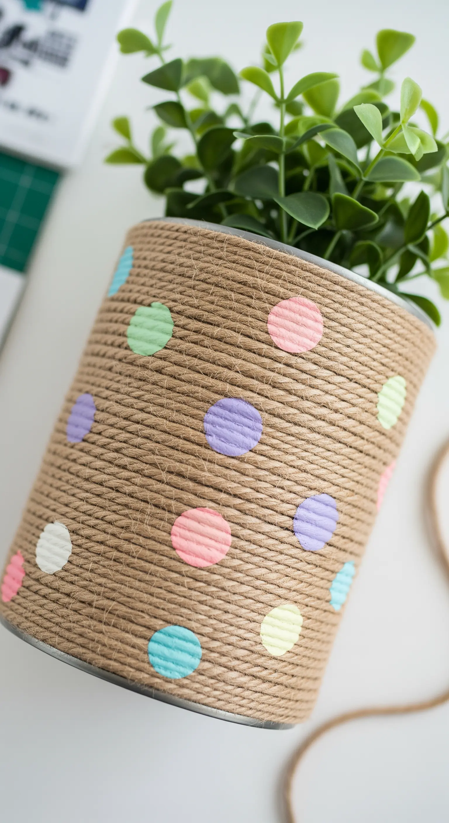 Lattina riciclata avvolta in spago di iuta e decorata con pois di carta color pastello.