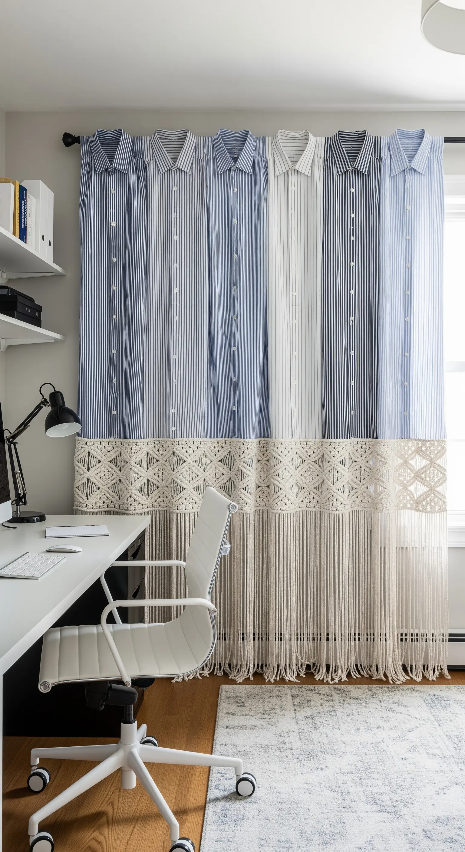 Tenda originale creata con camicie da uomo a righe e una fascia decorativa in macramè.