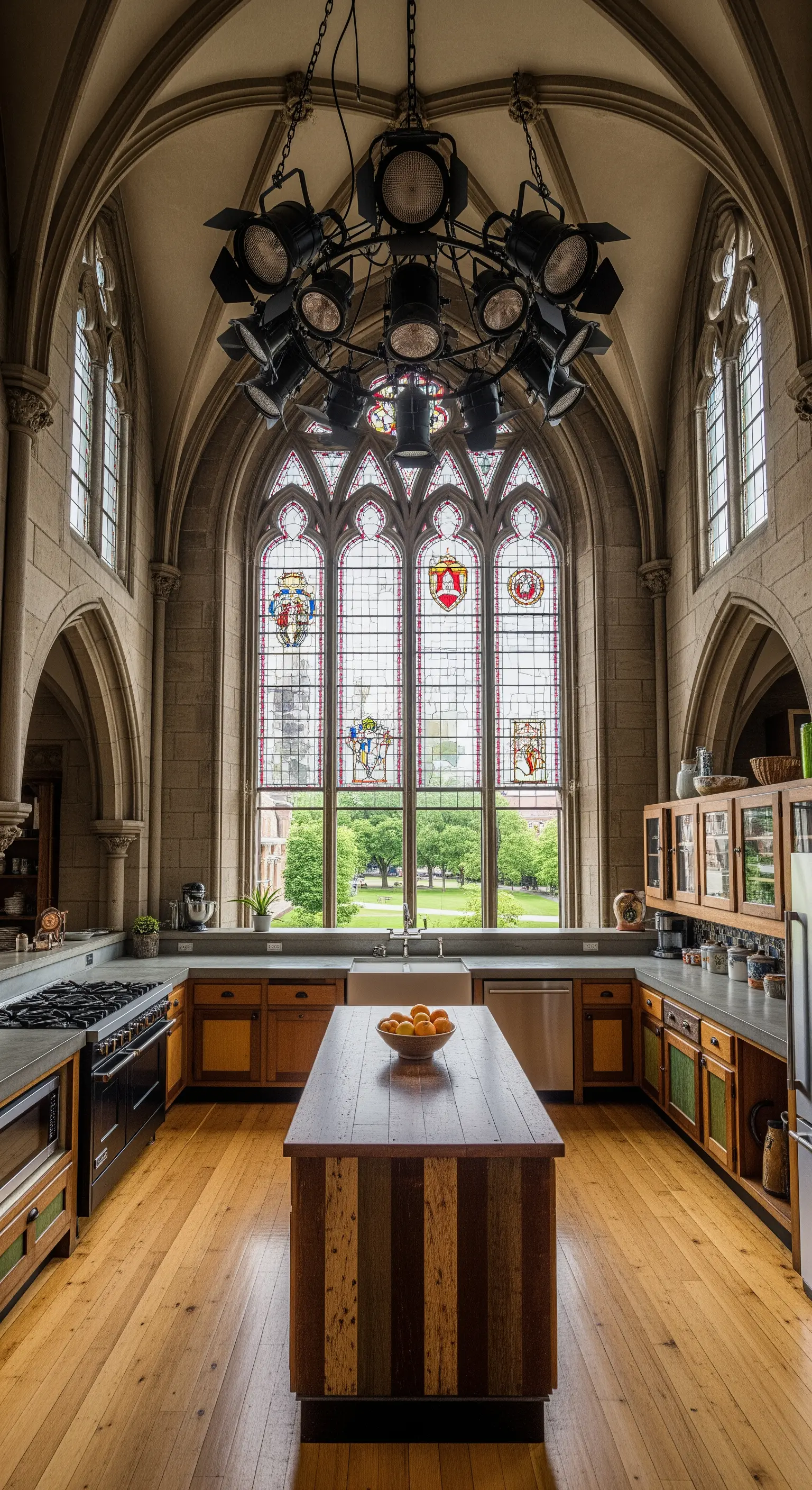 Cucina in una chiesa sconsacrata con vetrate colorate e un lampadario fatto di fari da palco