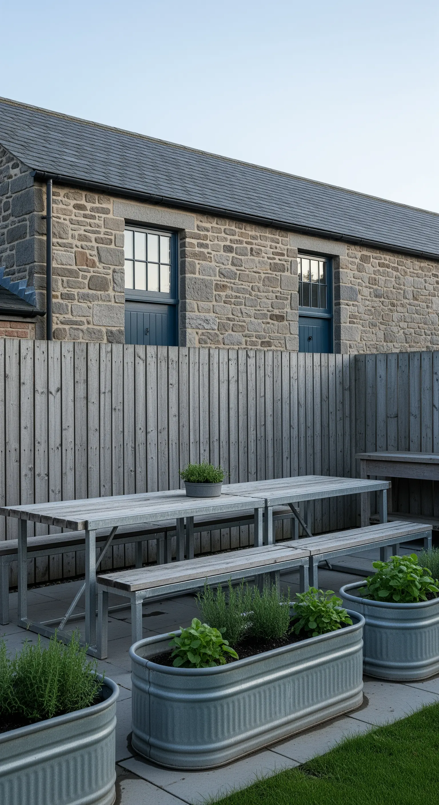 Erbe aromatiche piantate in abbeveratoi di metallo zincato su un patio moderno.