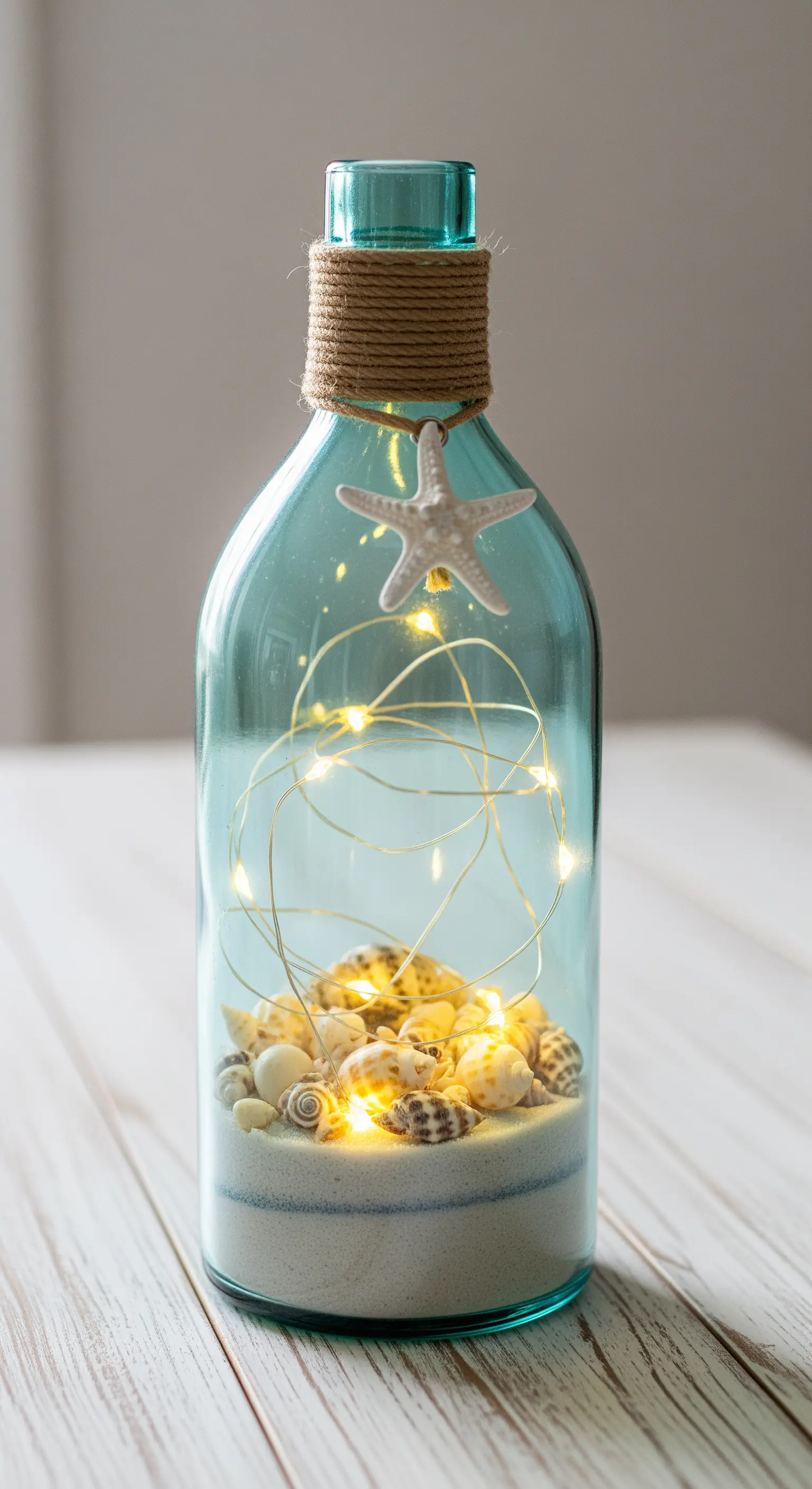 Bottiglia azzurra riempita con sabbia e conchiglie, con lucine LED e stella marina.