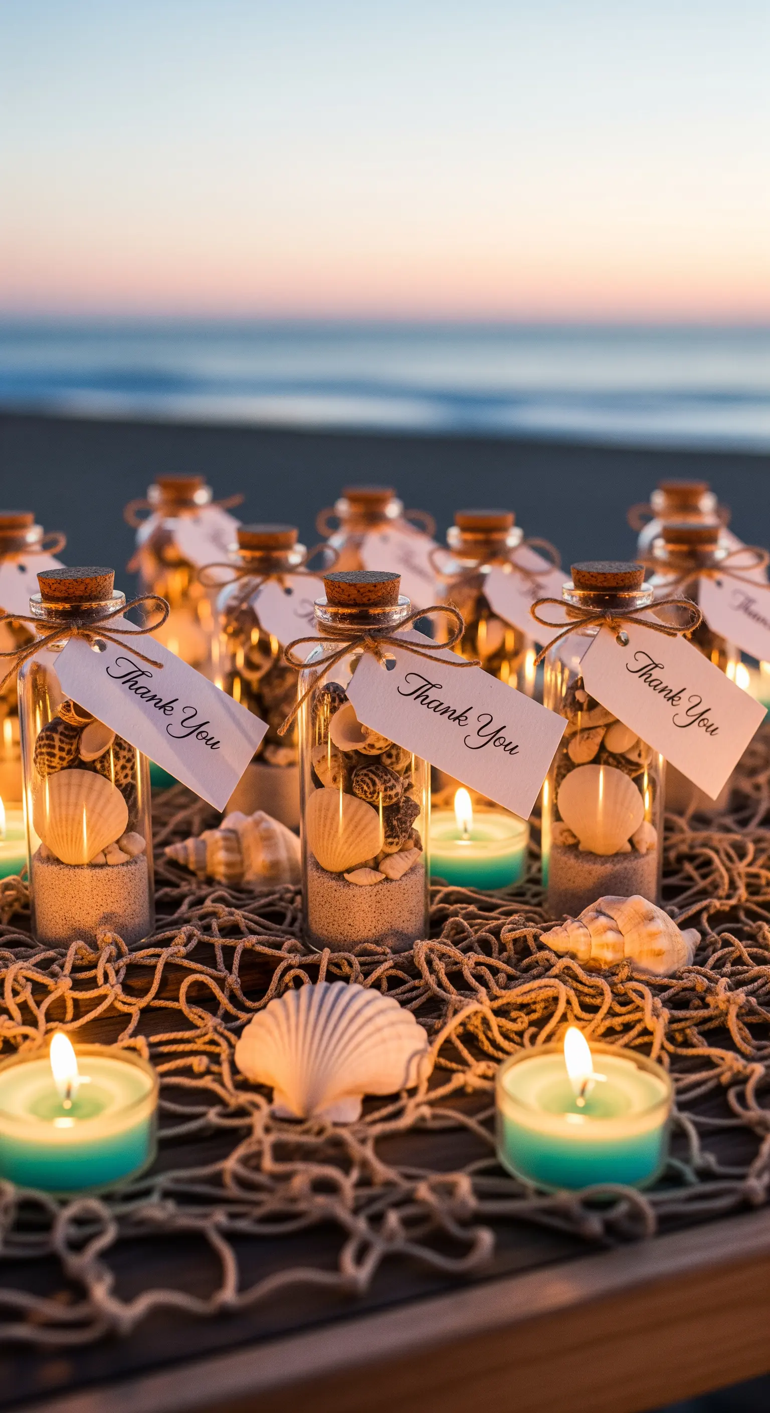 Bomboniere in boccette di vetro con sabbia, conchiglie e biglietto di ringraziamento