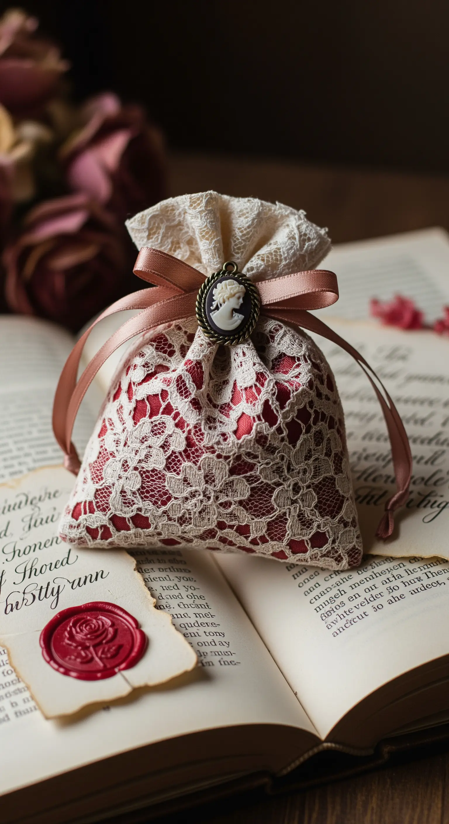Sacchetto in pizzo e raso con cammeo, appoggiato su un libro antico con un sigillo in ceralacca.