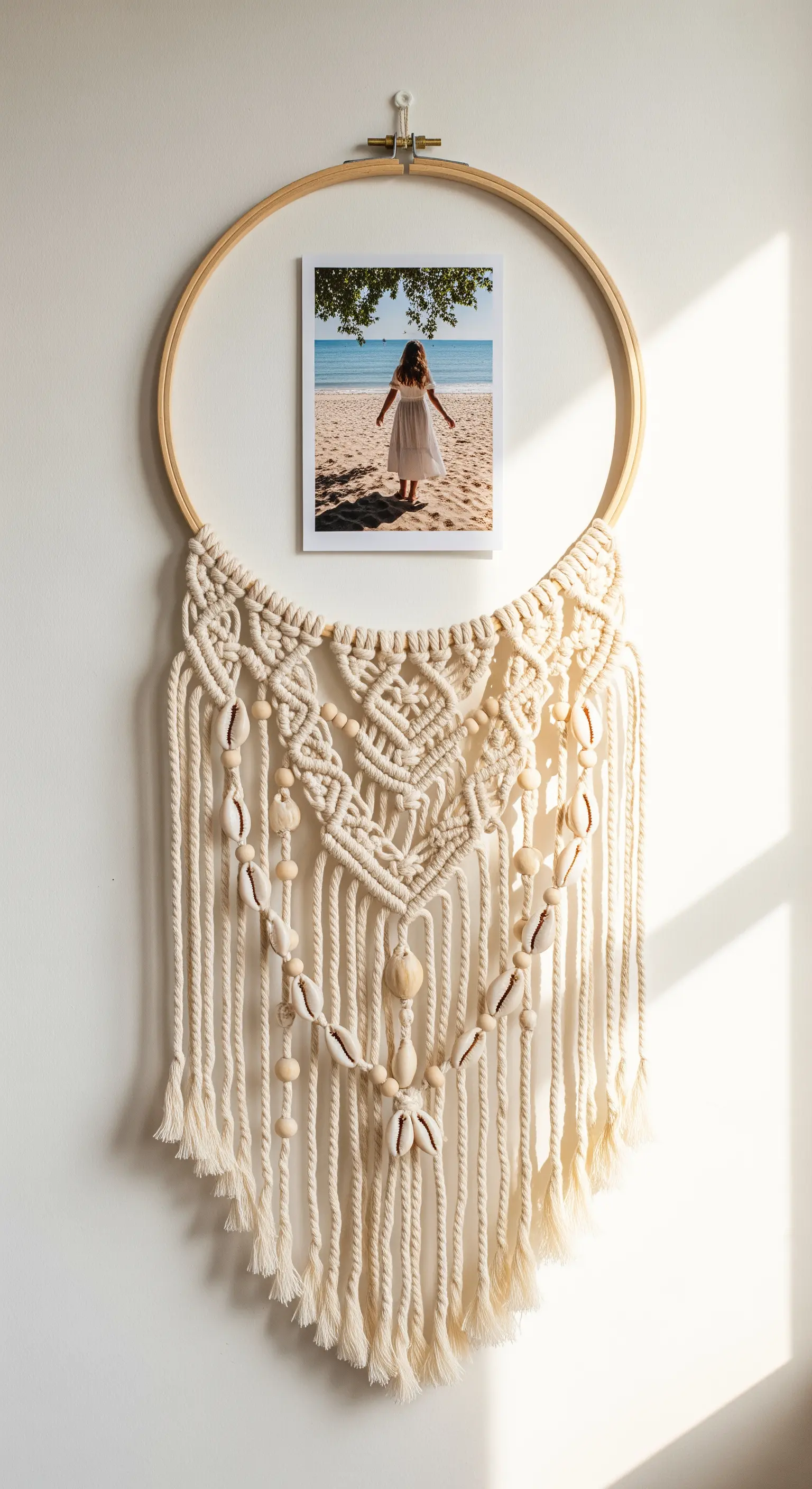 Foto appesa a un grande arazzo di macramè con conchiglie, fissato a un telaio circolare.