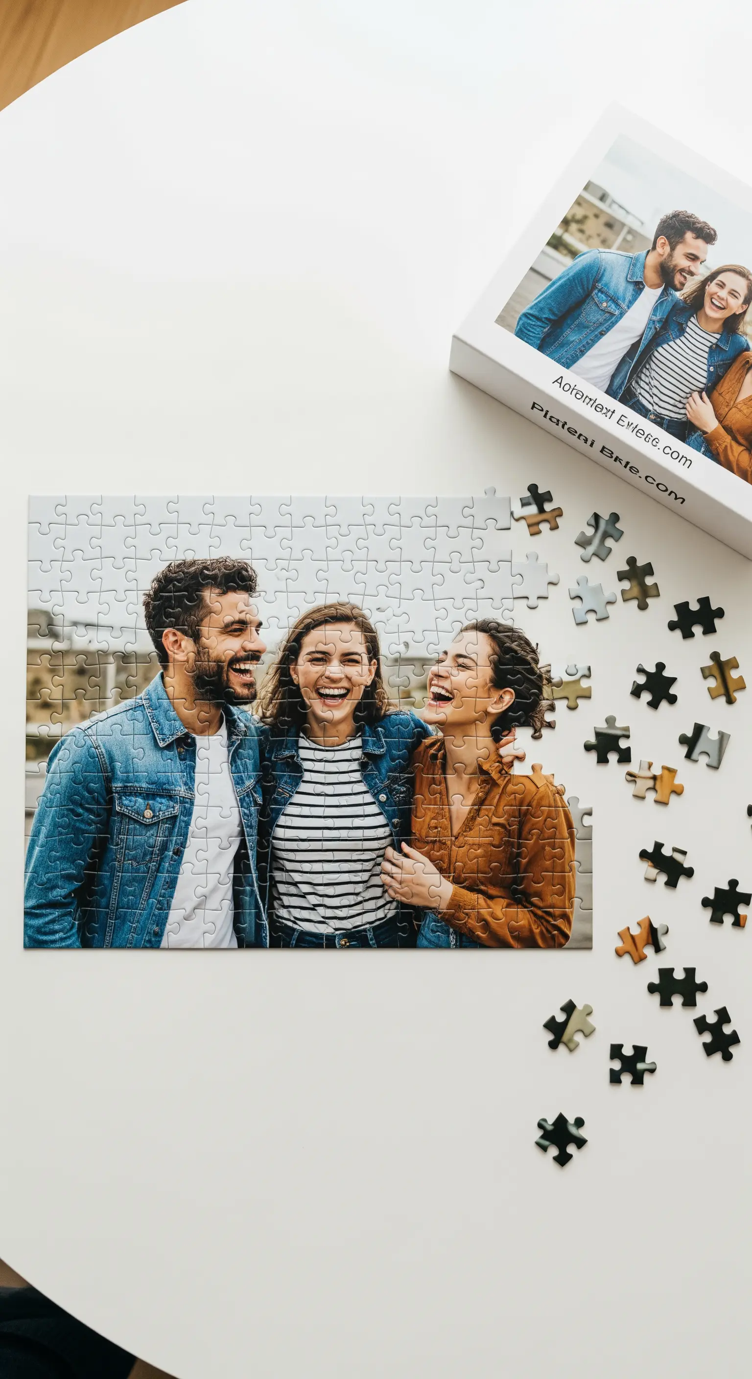 Puzzle personalizzato con una foto di amici sorridenti, quasi completato su un tavolo