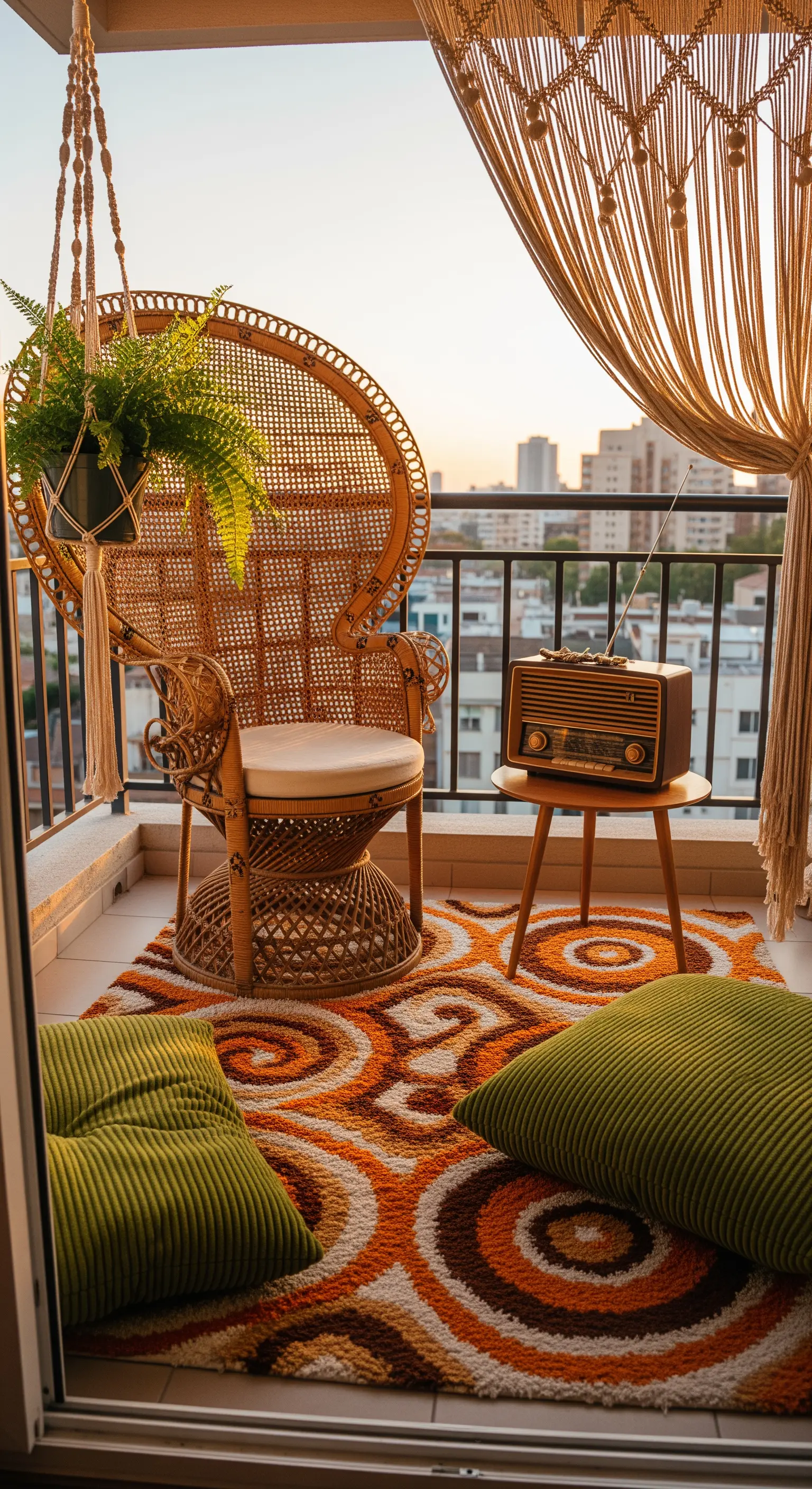 Balcone in stile anni '70 con poltrona Peacock, tappeto a cerchi arancioni e una radio vintage.