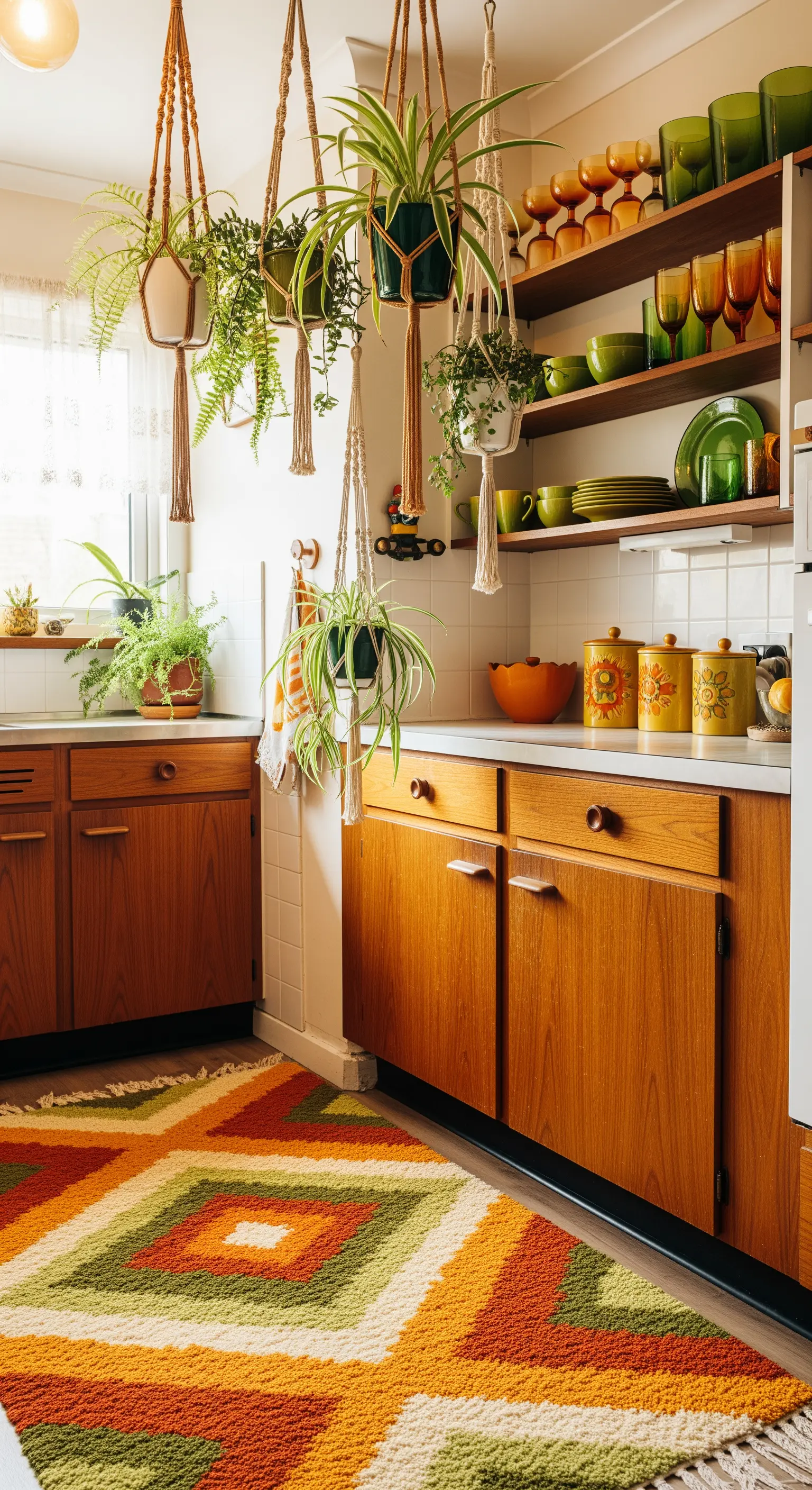 Cucina in stile anni '70 con mobili in teak, tappeto geometrico arancione e piante in macramè.