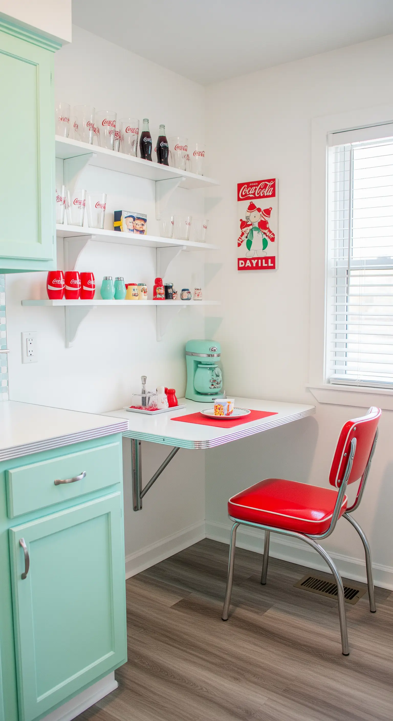Angolo cucina stile anni '50 con mobili color menta, tavolo a ribalta e sedia rossa.