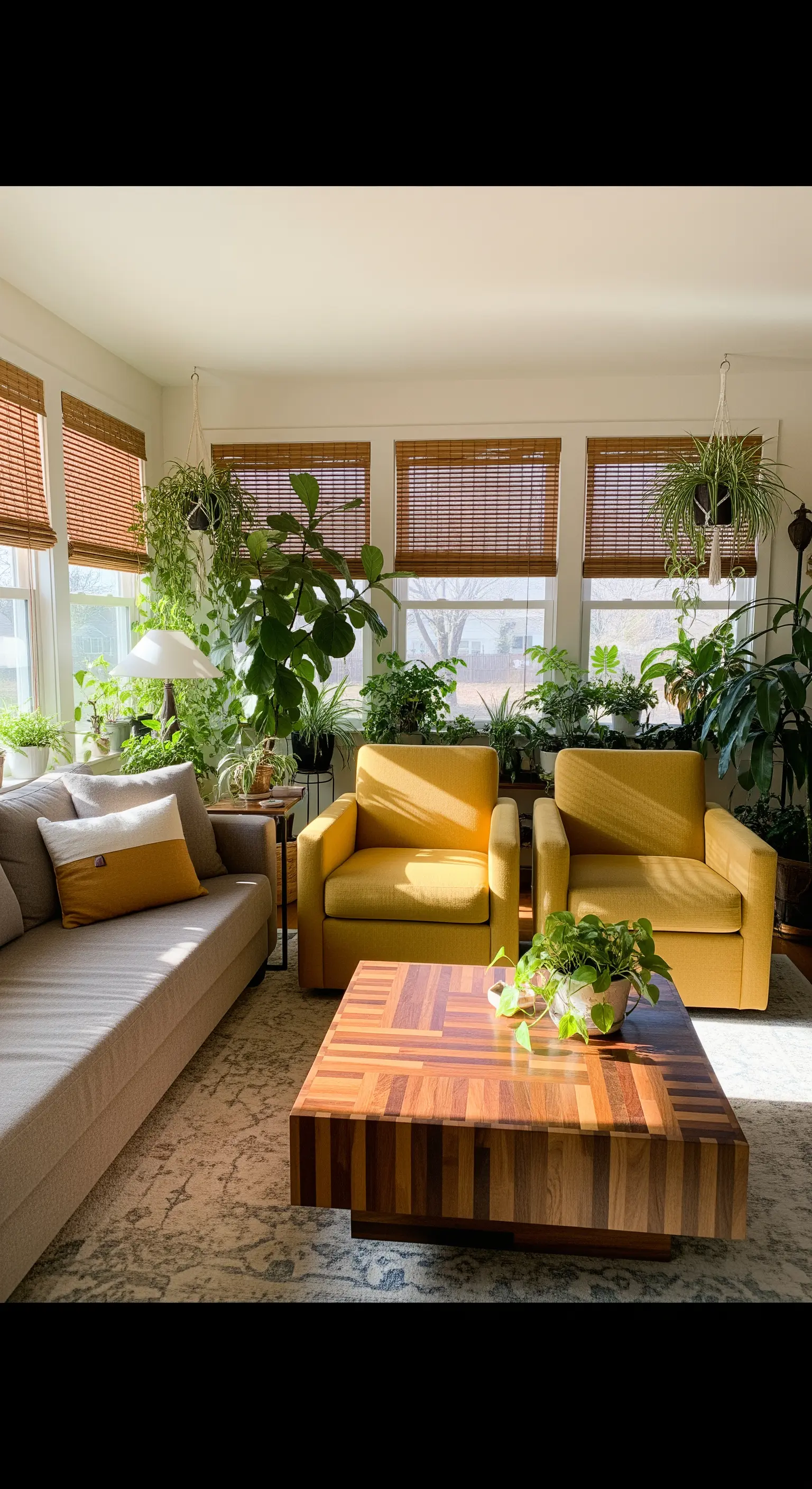 Salotto luminoso pieno di piante verdi, con due poltrone senape e un tavolino in legno intarsiato.