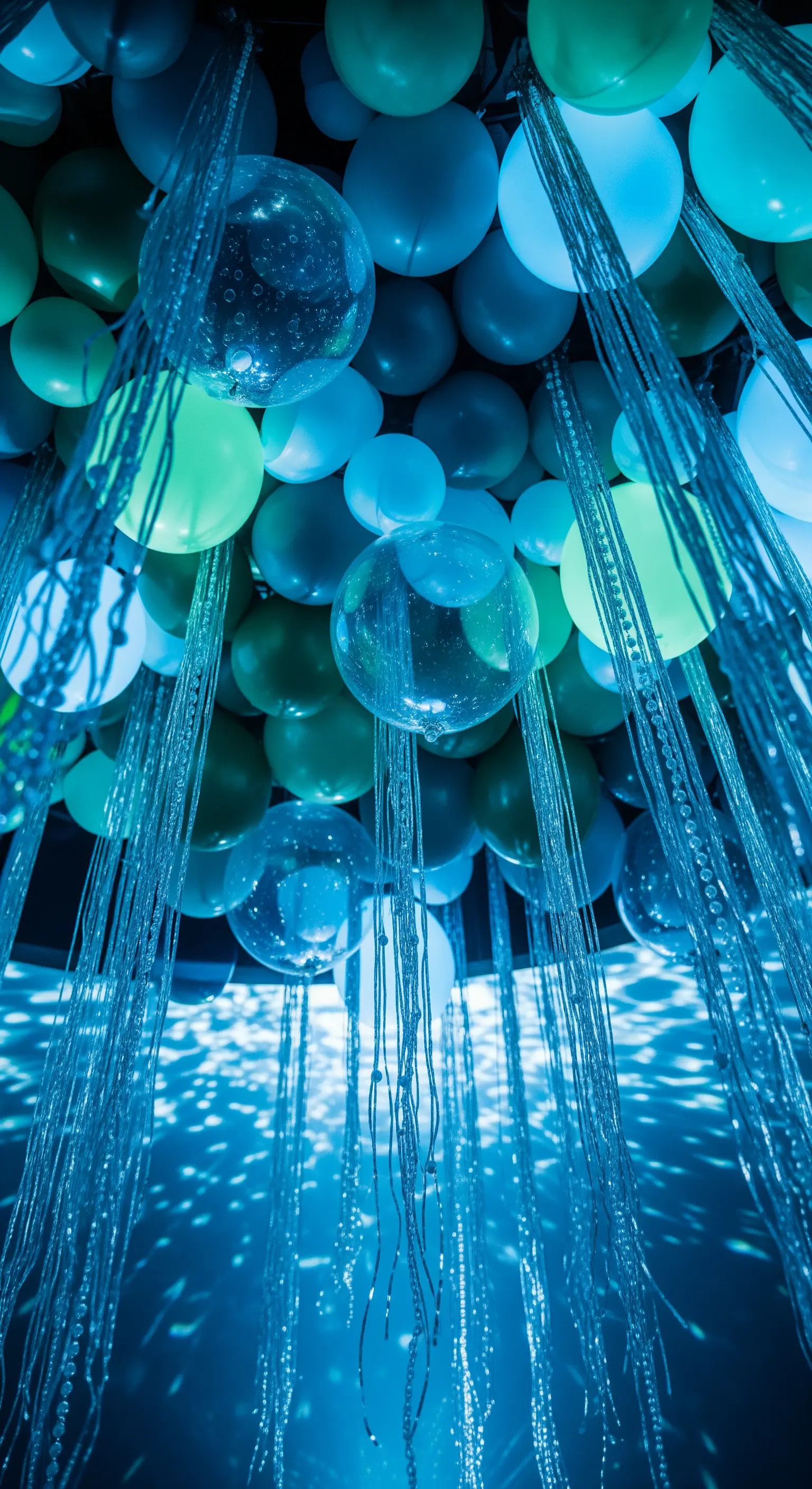 Palloncini blu, verdi e trasparenti con fili di perline, illuminati da una luce azzurra.