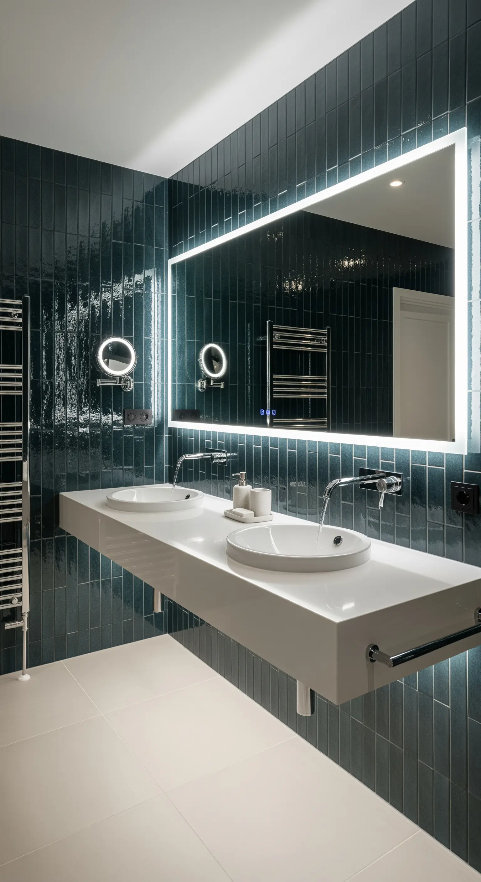 Bagno con piastrelle verticali verde petrolio lucide e specchio retroilluminato.