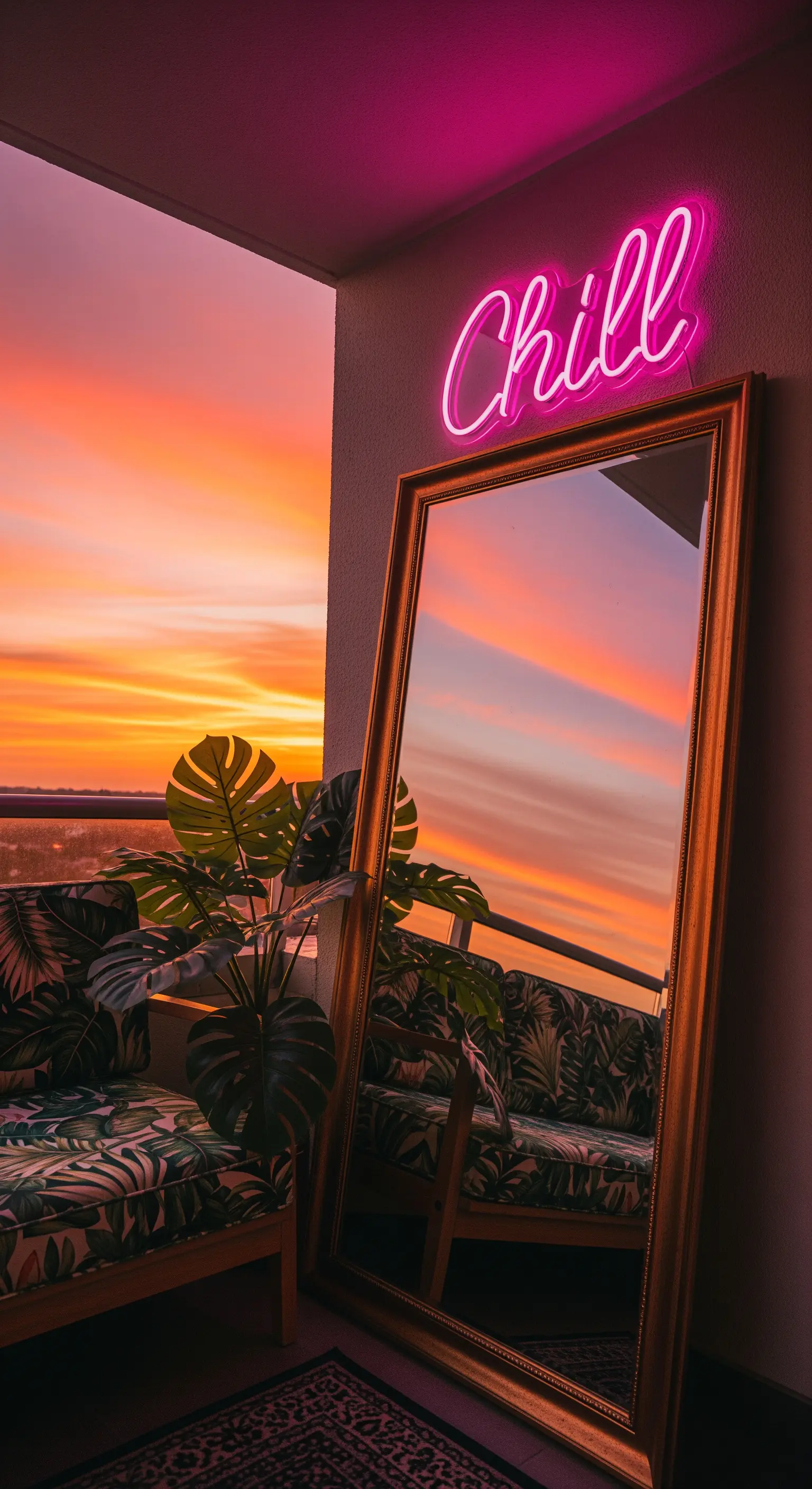 Grande specchio che riflette un tramonto, con una scritta 