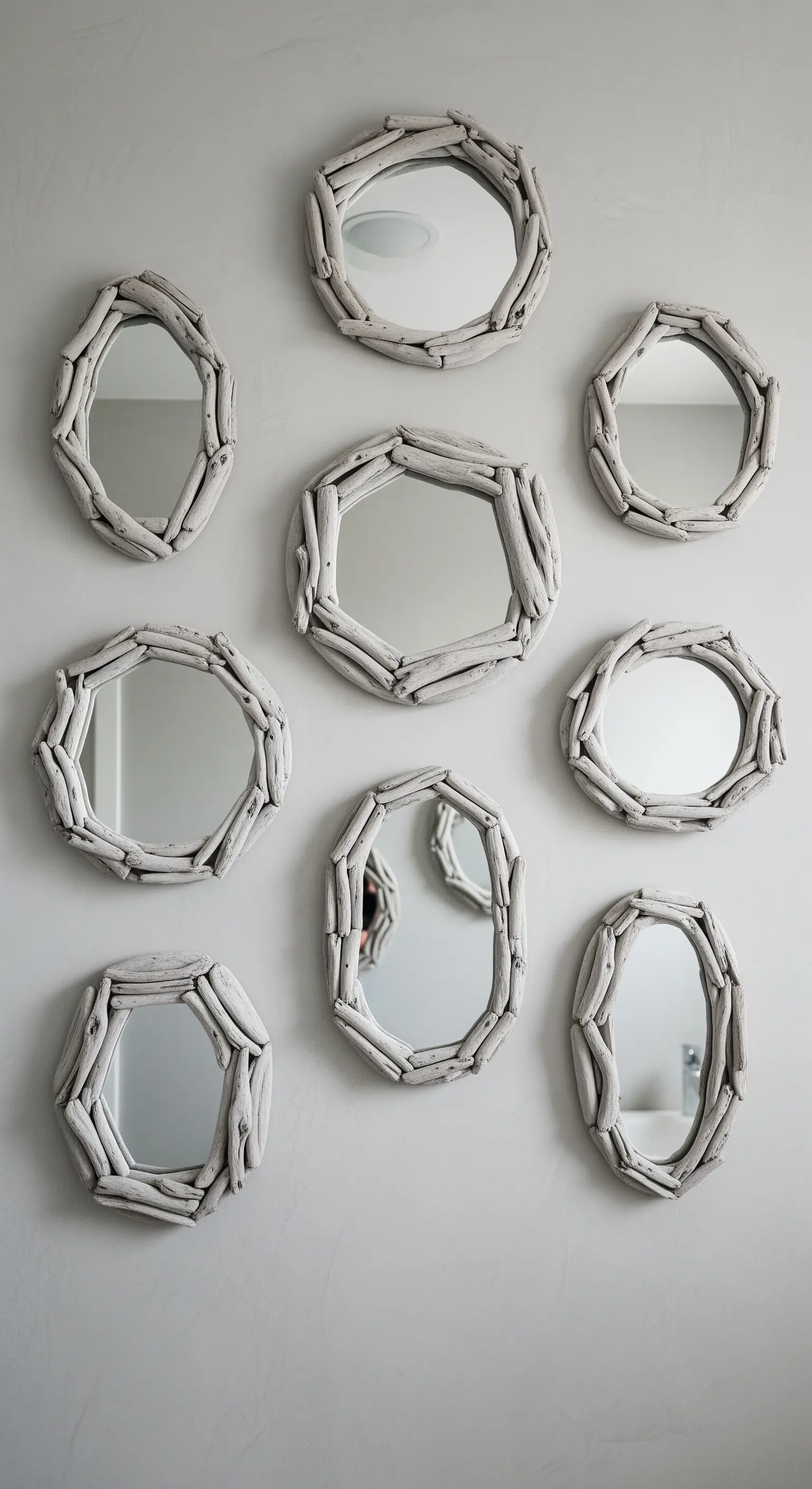 Gruppo di specchi di forme diverse incorniciati con pezzi di legno sbiancato raccolto sulla spiaggia.