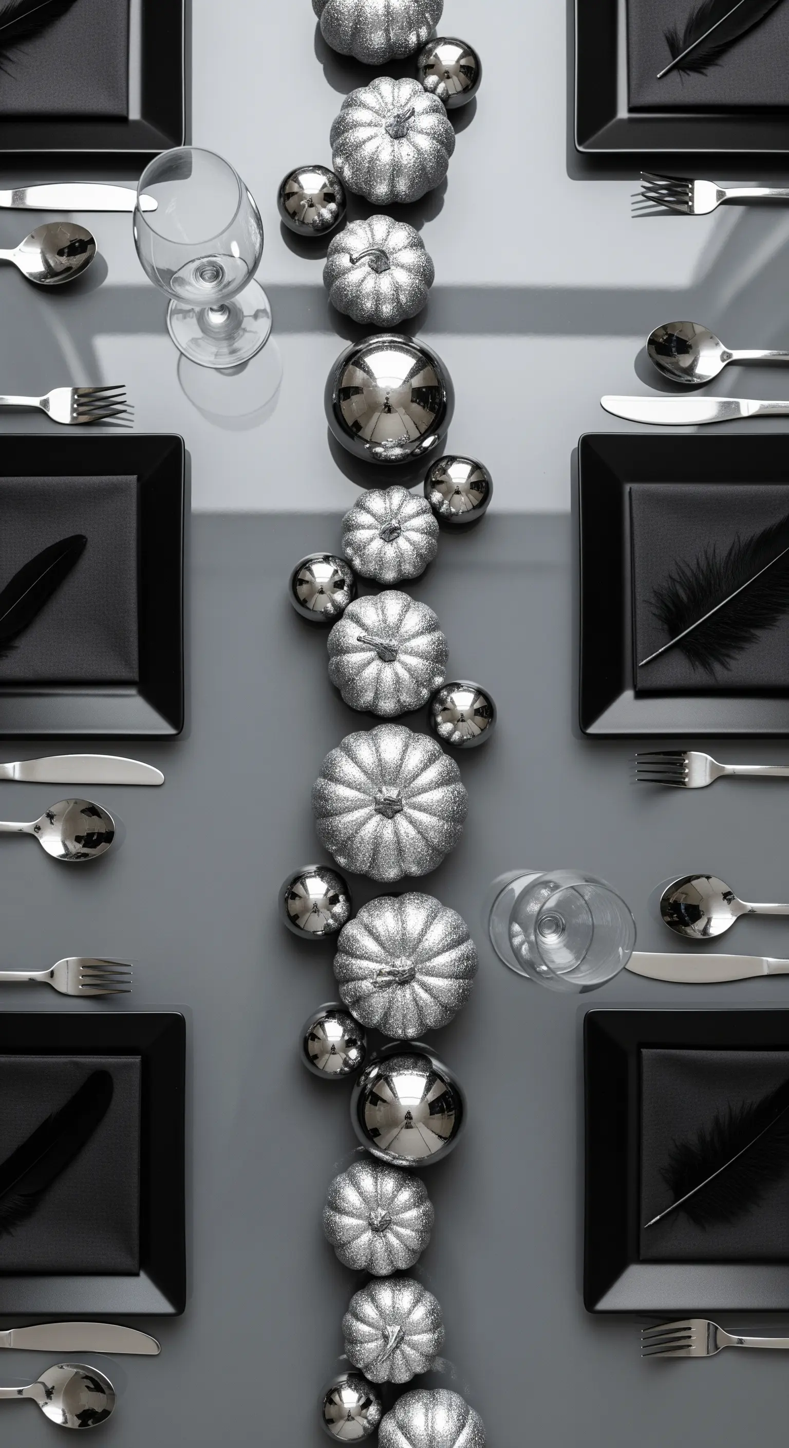 Runner moderno con zucche argento, sfere cromate e piatti neri.