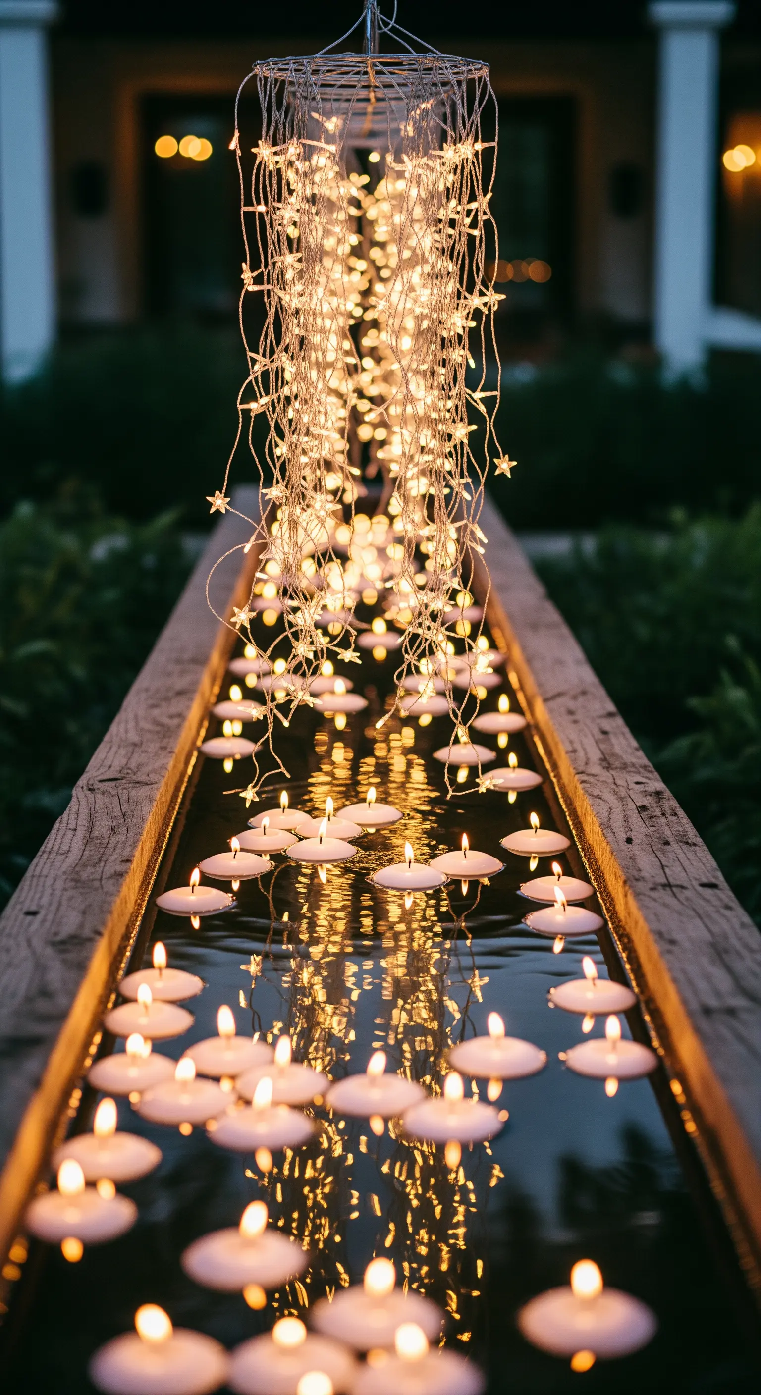 Cascata di lucine sospesa su una vasca d'acqua stretta e lunga con candele galleggianti.