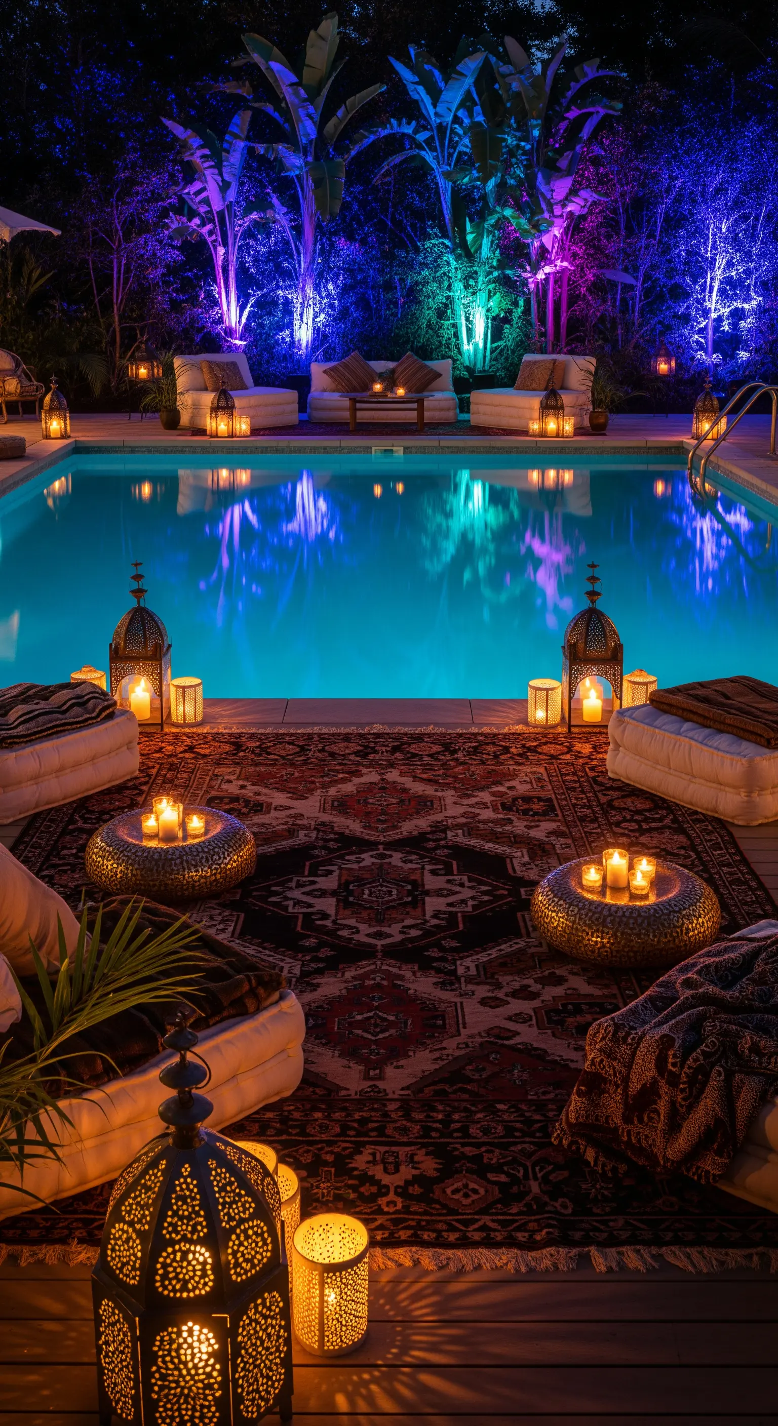 Bordo piscina di notte con tappeto kilim, lanterne e alberi illuminati di viola e blu.