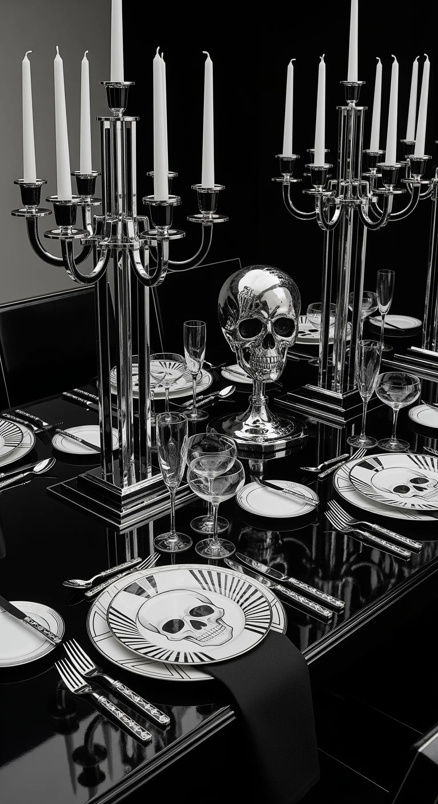 Tavola moderna in bianco e nero con candelabri cromati e teschio d'argento.