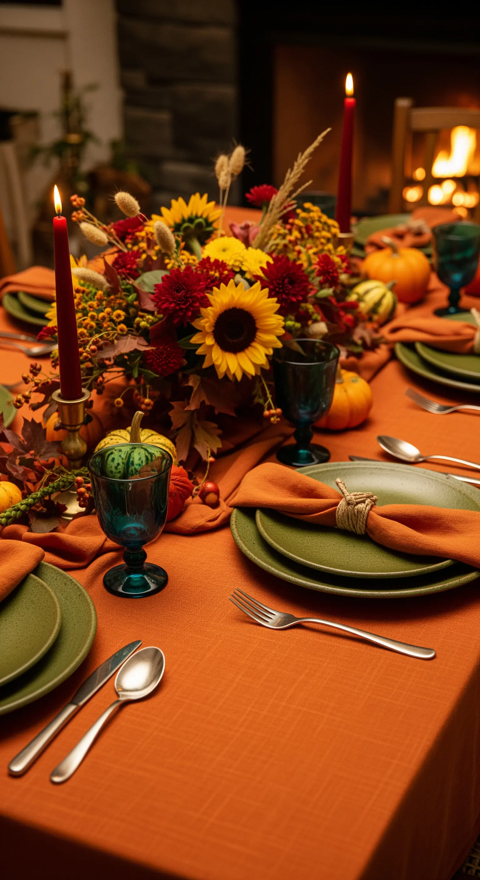 Tavola autunnale con tovaglia arancione, piatti verdi, zucche decorative e un centrotavola di fiori di stagione.