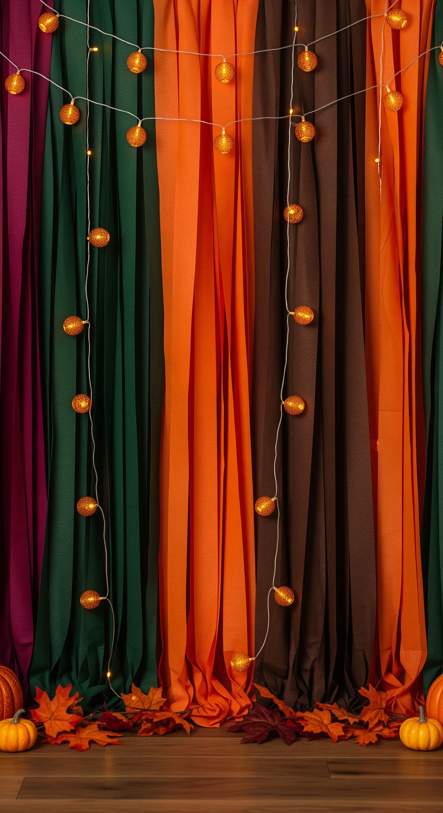 Backdrop autunnale con strisce di carta colorate e una ghirlanda di luci a forma di zucca.