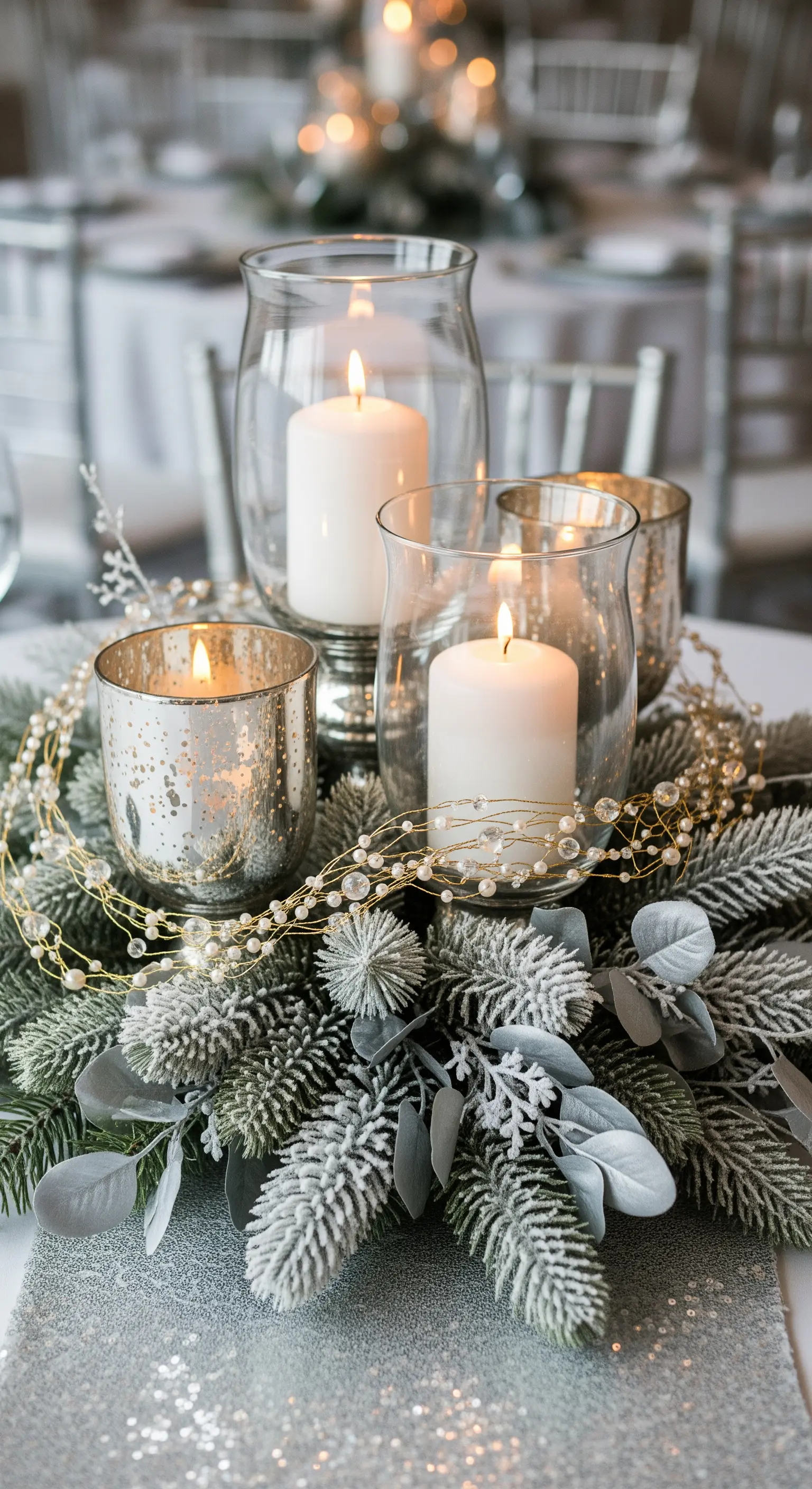 Centrotavola invernale con pino innevato, candele in vasi di vetro e perle.