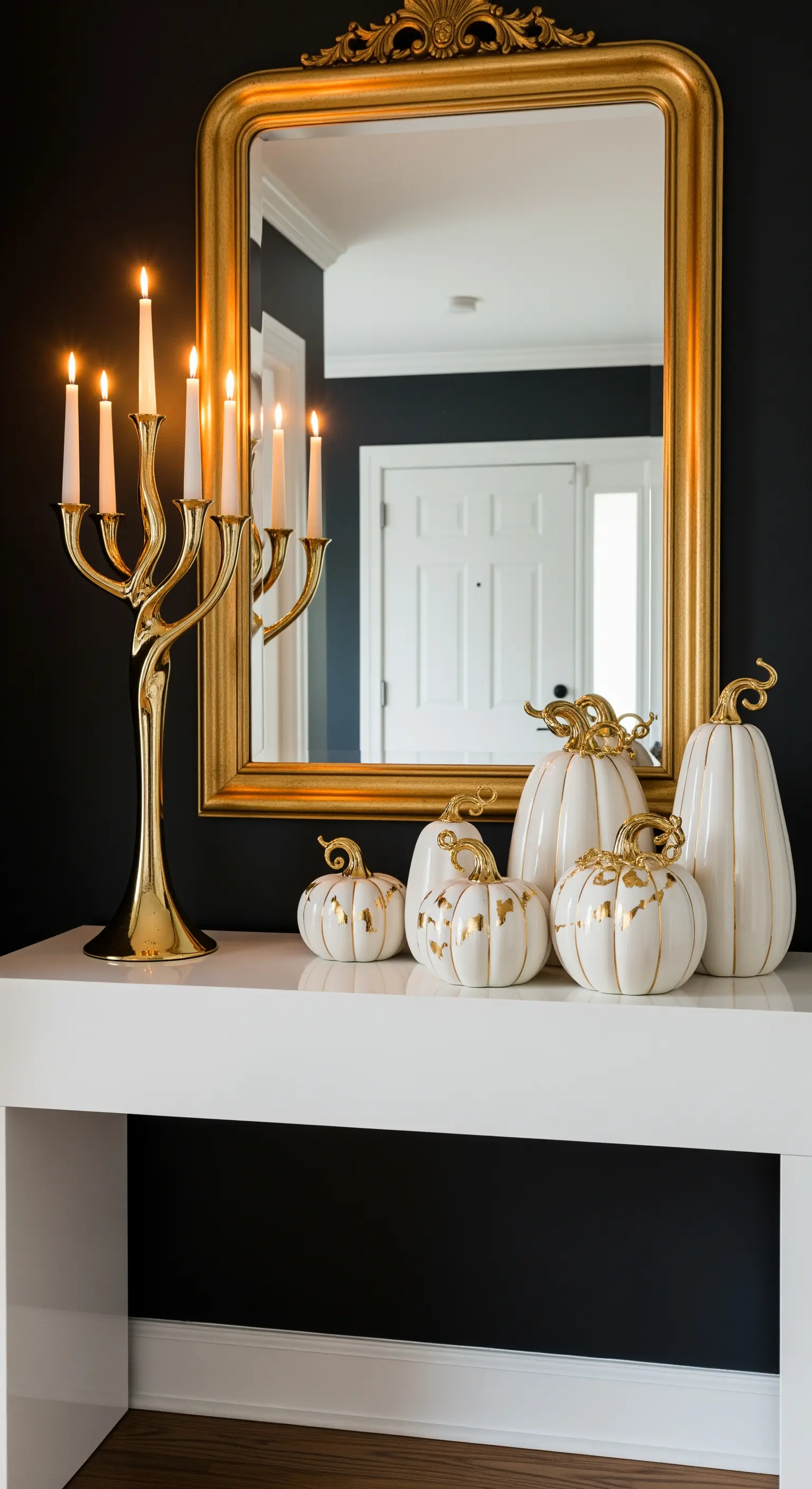 Console bianca con specchio e candelabro dorati su parete nera