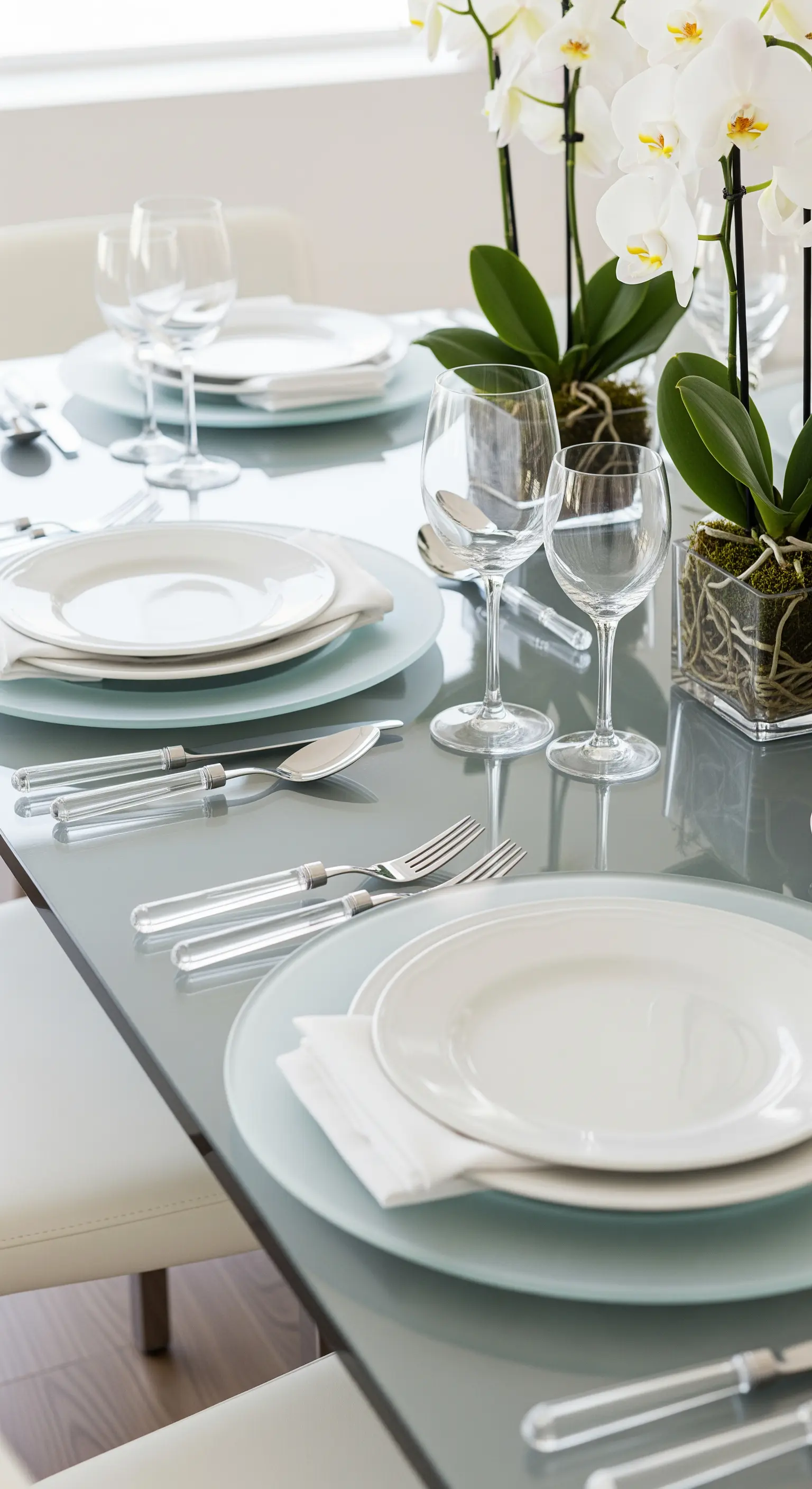 Tavola con superficie in vetro, piatti bianchi, posate trasparenti e un centrotavola di orchidee.