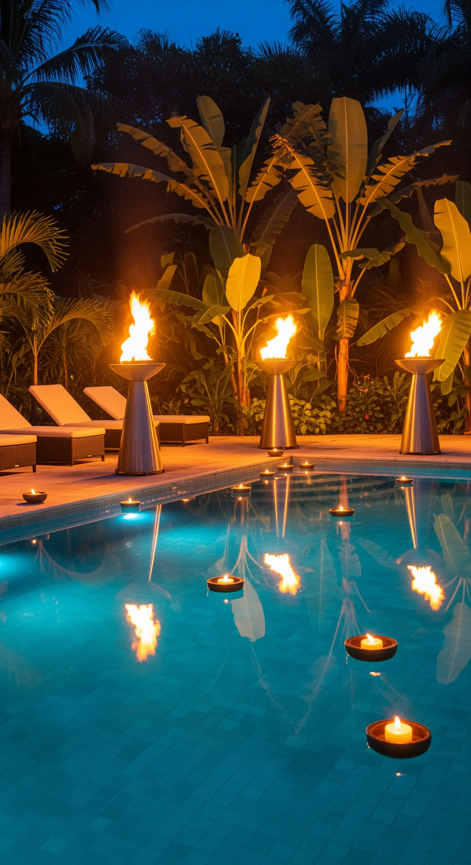 Piscina di notte con candele galleggianti e torce moderne a bordo vasca in un giardino tropicale.