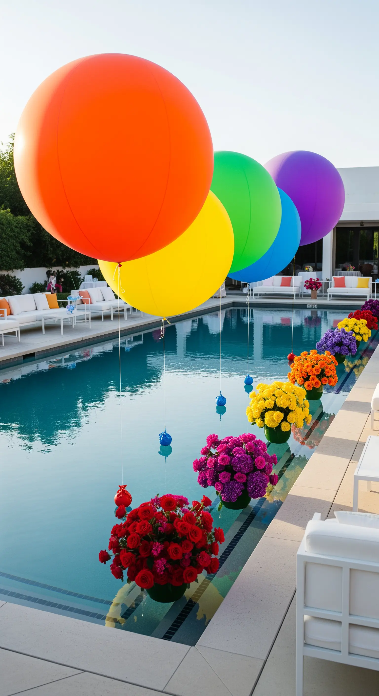Piscina decorata con palloncini giganti arcobaleno fluttuanti e vasi di fiori colorati.