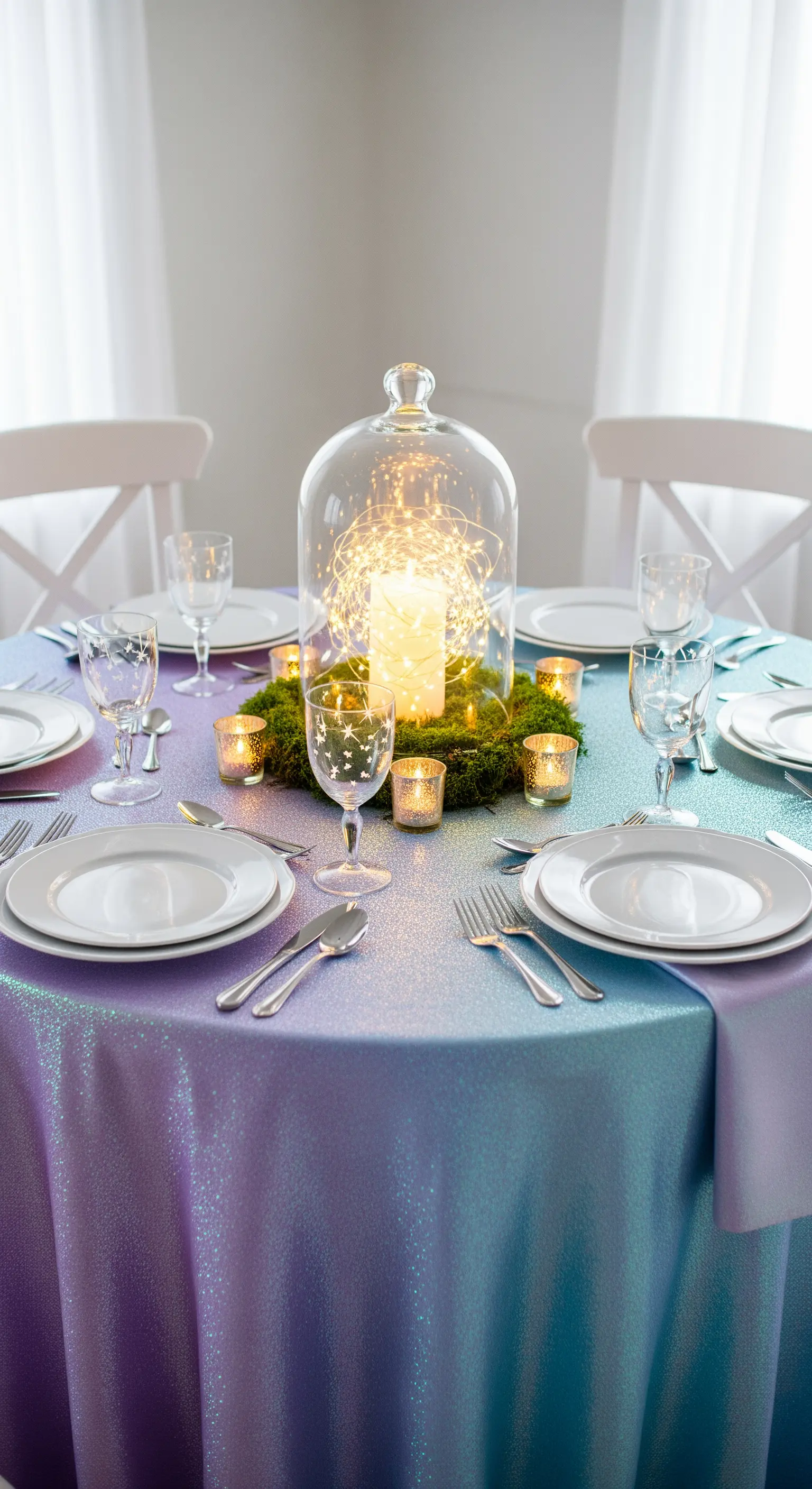 Centrotavola con campana di vetro e luci a led su una tovaglia cangiante viola e azzurra.