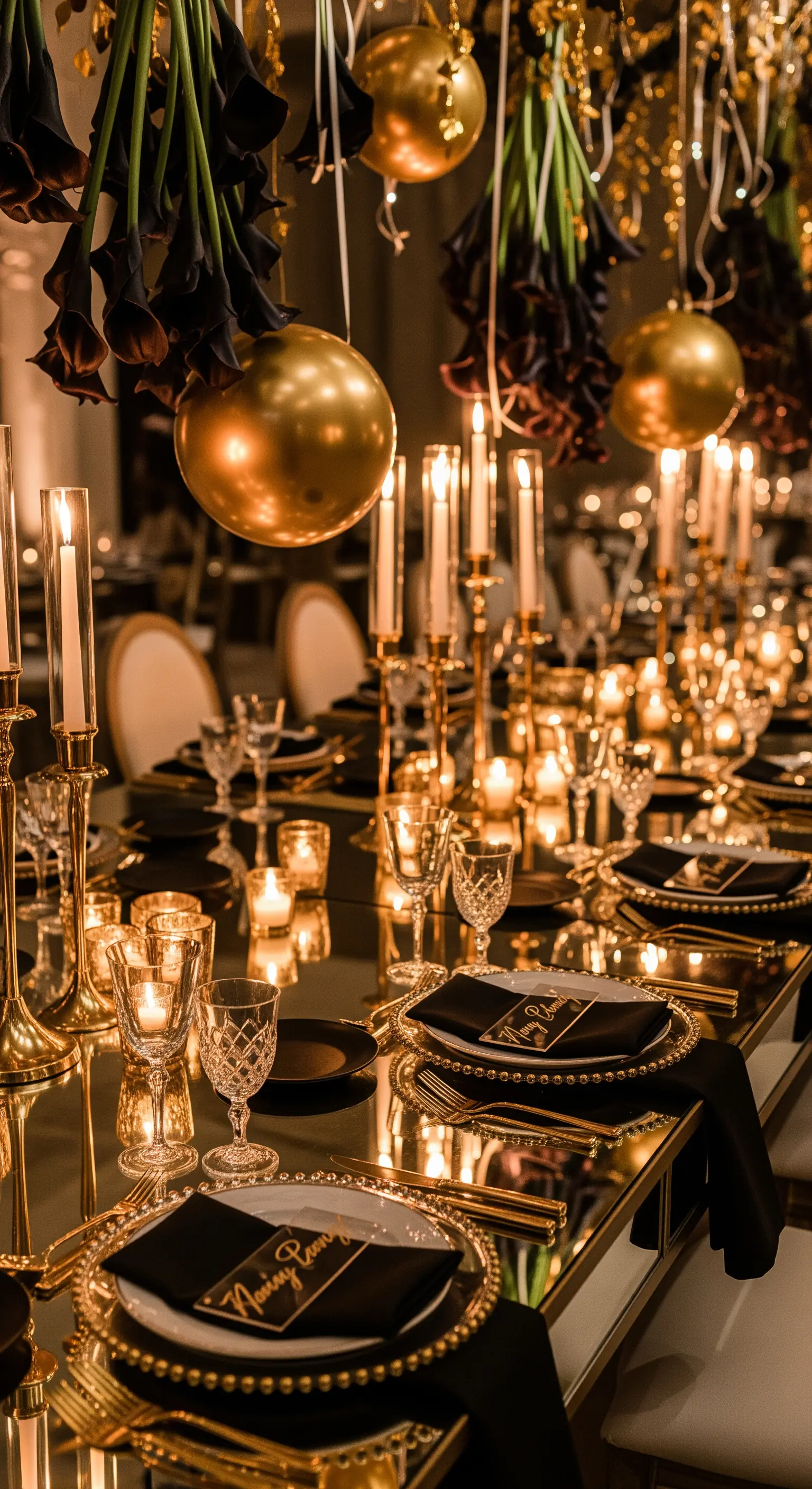 Tavola da matrimonio con superficie a specchio dorata, candelabri e calle nere sospese.