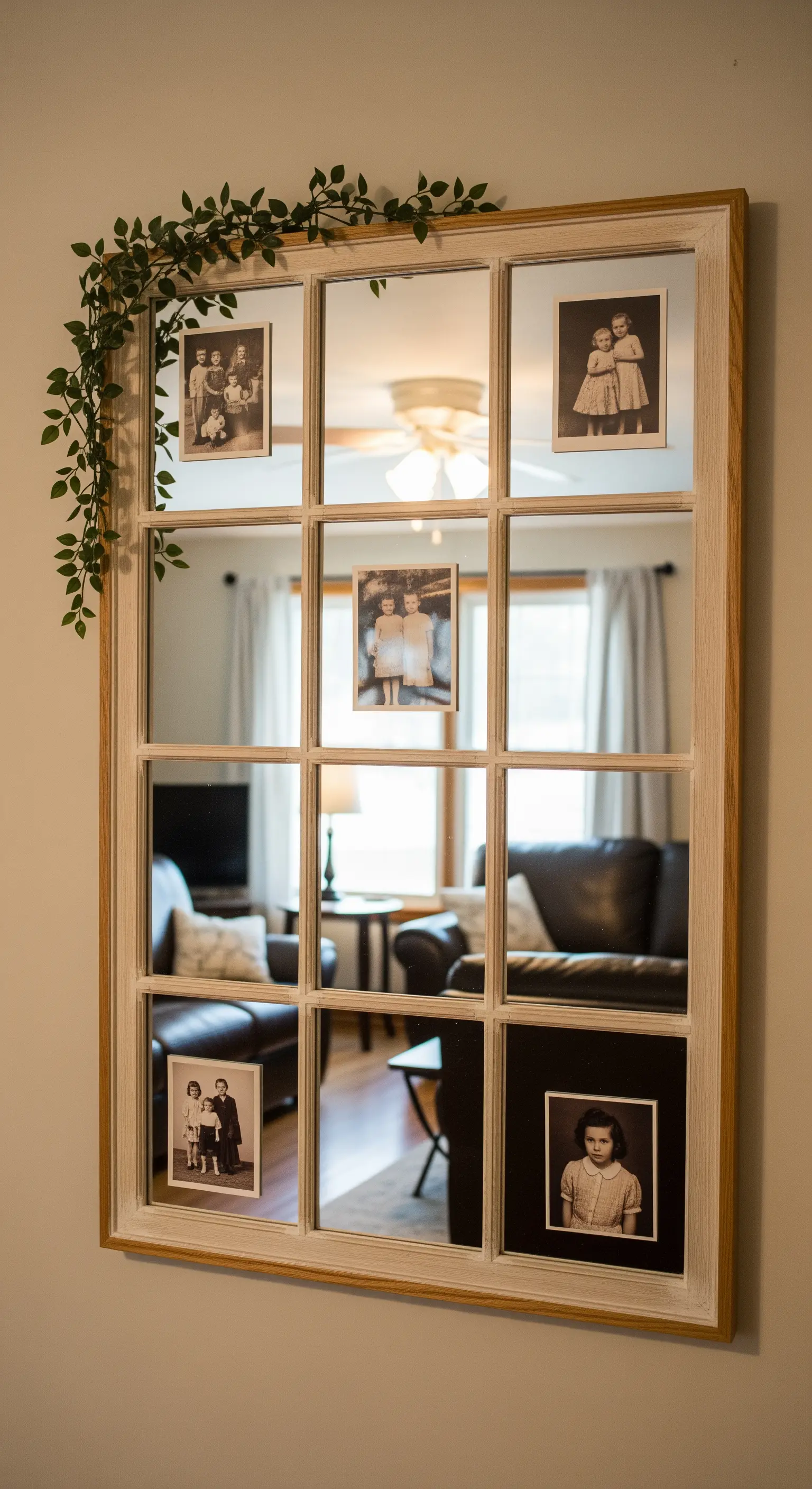 Specchio a finestra in legno chiaro decorato con vecchie fotografie di famiglia in bianco e nero.