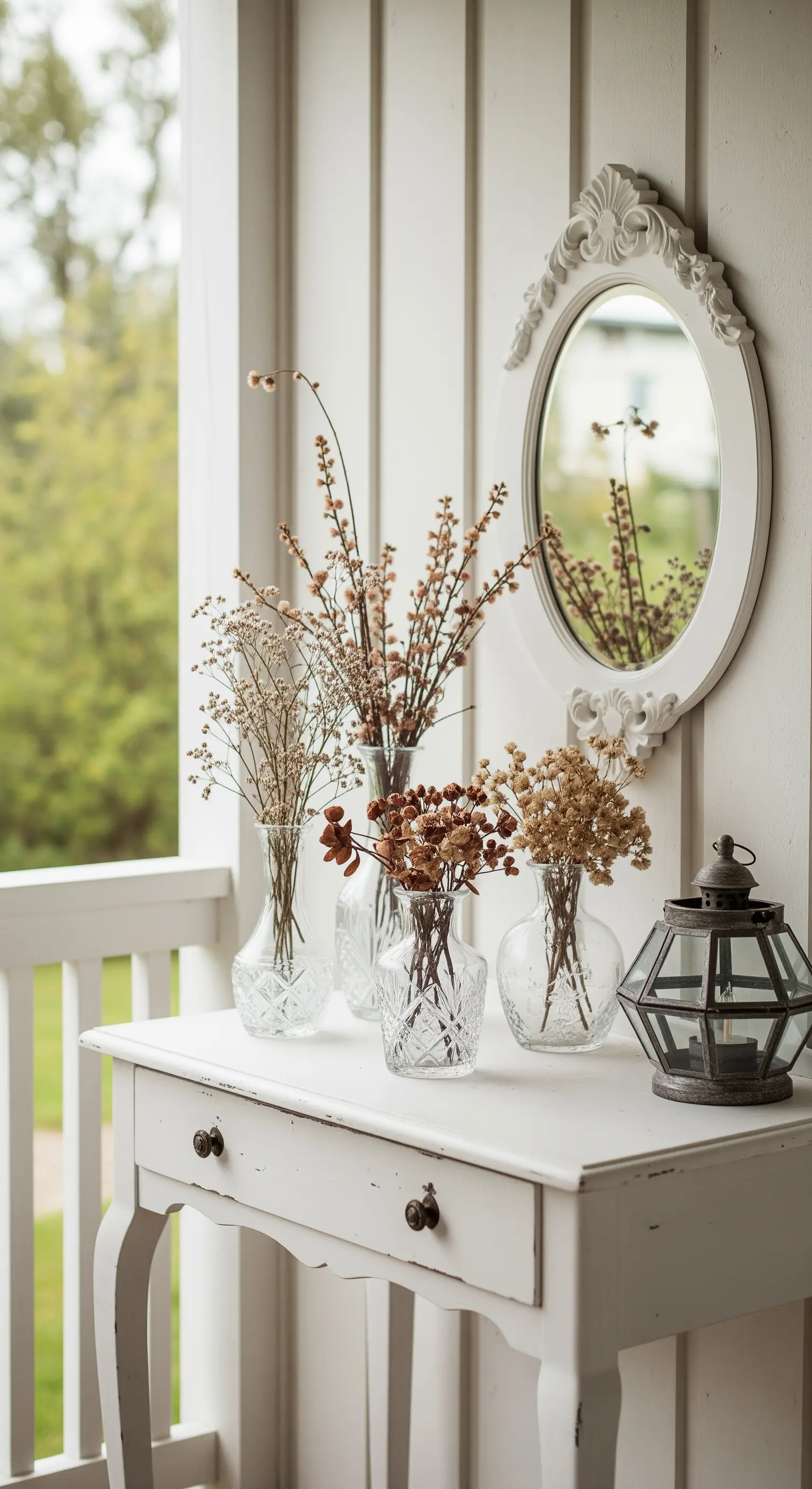 Consolle bianca decapata con specchio ovale, vasi di fiori secchi e piccola lanterna.