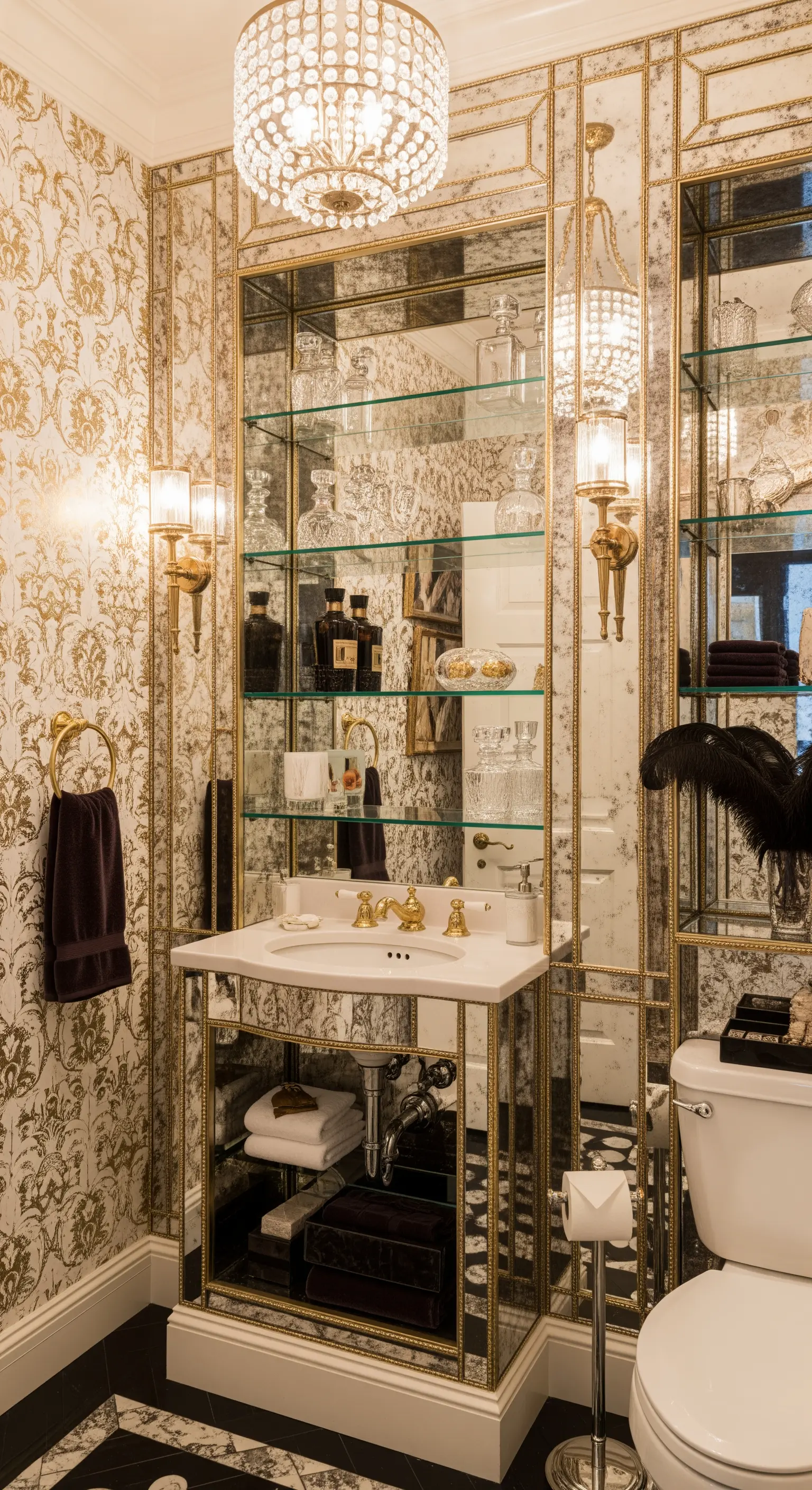 Scaffalatura in metallo dorato e vetro su una parete di specchi, con carta da parati damascata.