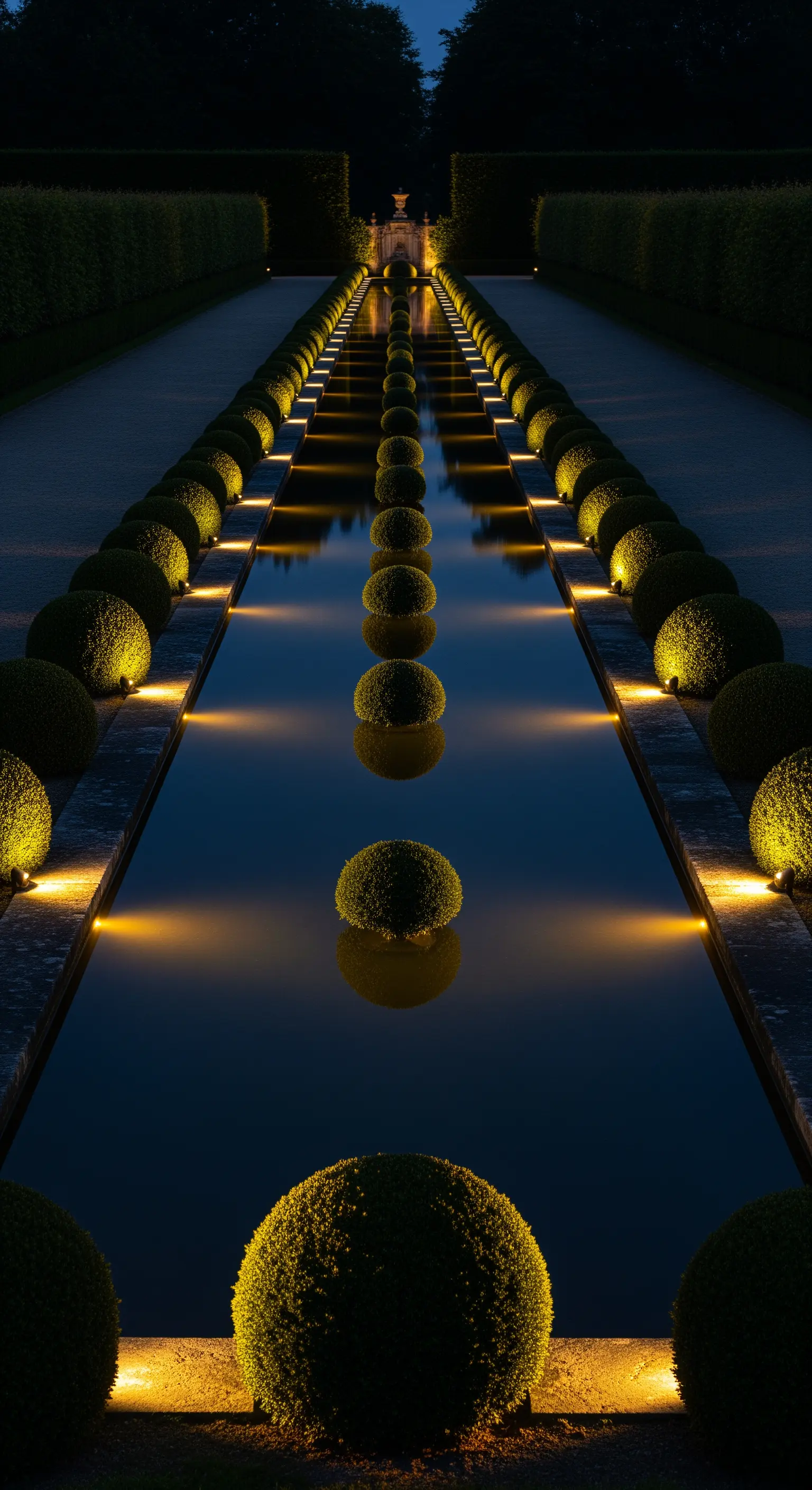 Lungo canale d'acqua scuro che riflette sfere di bosso illuminate da faretti.