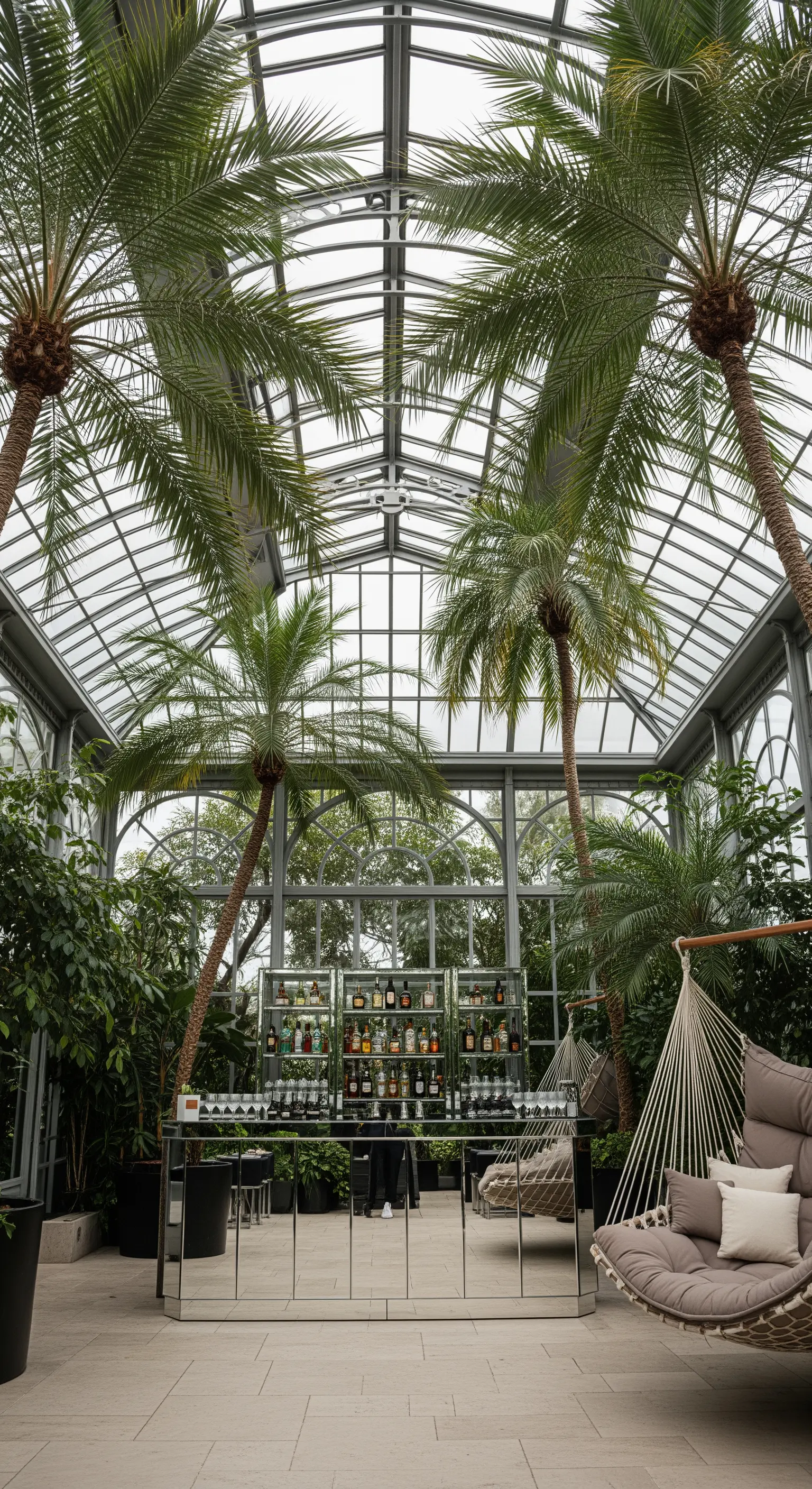 Serra con alte palme, un bancone bar a specchio e sedie sospese imbottite.
