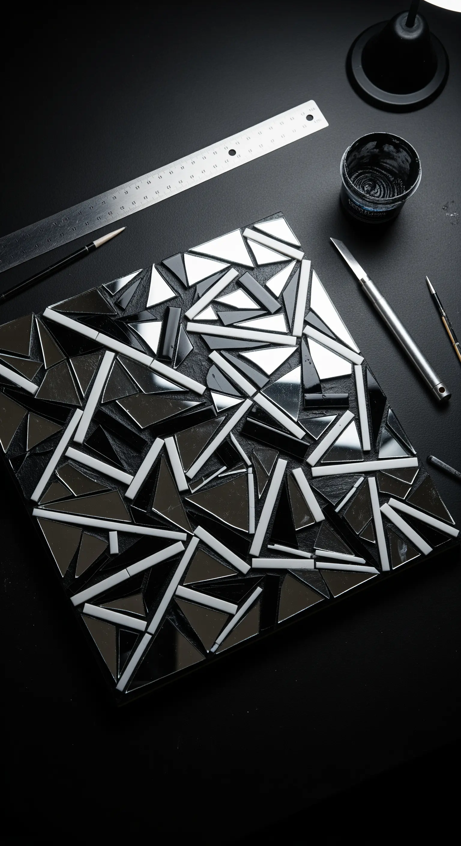 Mosaico astratto con frammenti di specchio e tessere bianche su fondo nero, stile geometrico.