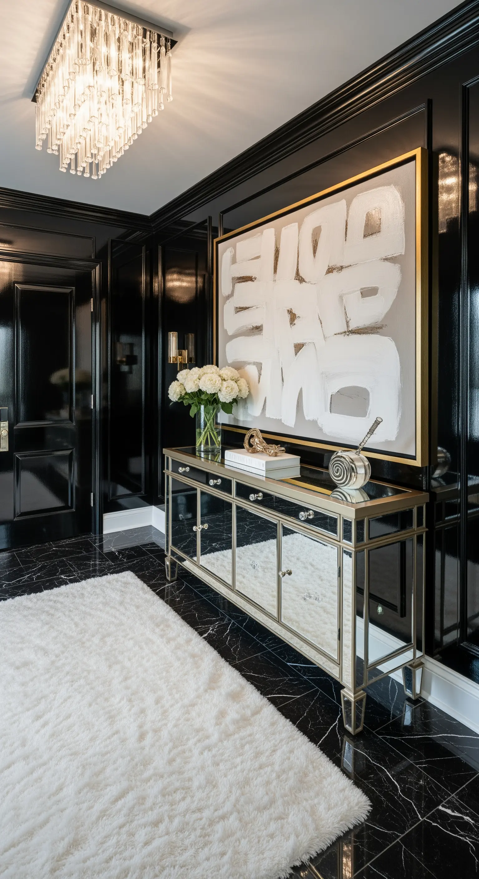 Ingresso con pareti nere laccate, consolle a specchio e grande quadro astratto bianco e nero.