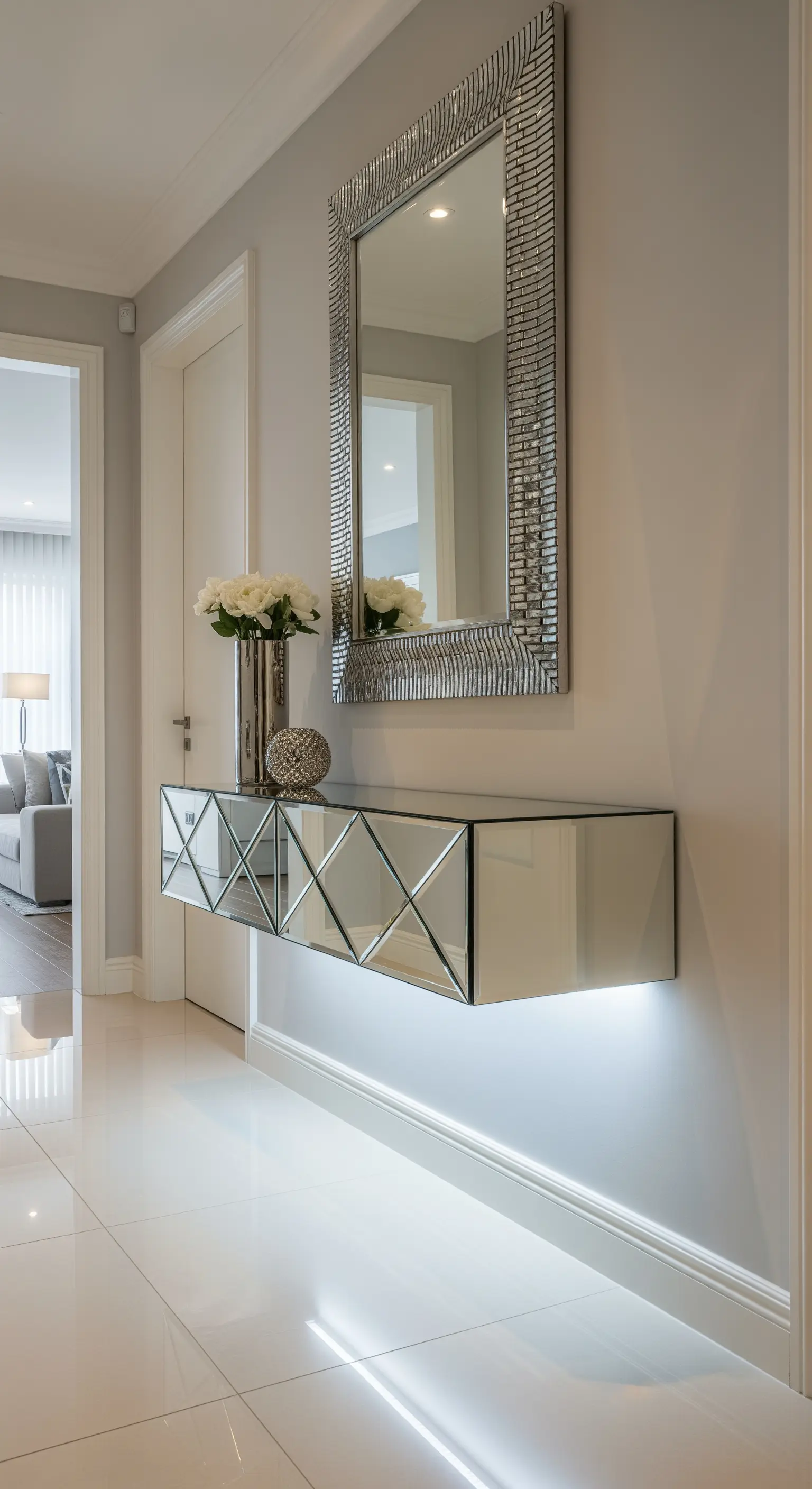 Consolle sospesa a specchio con decorazioni geometriche e un grande specchio con cornice argentata.