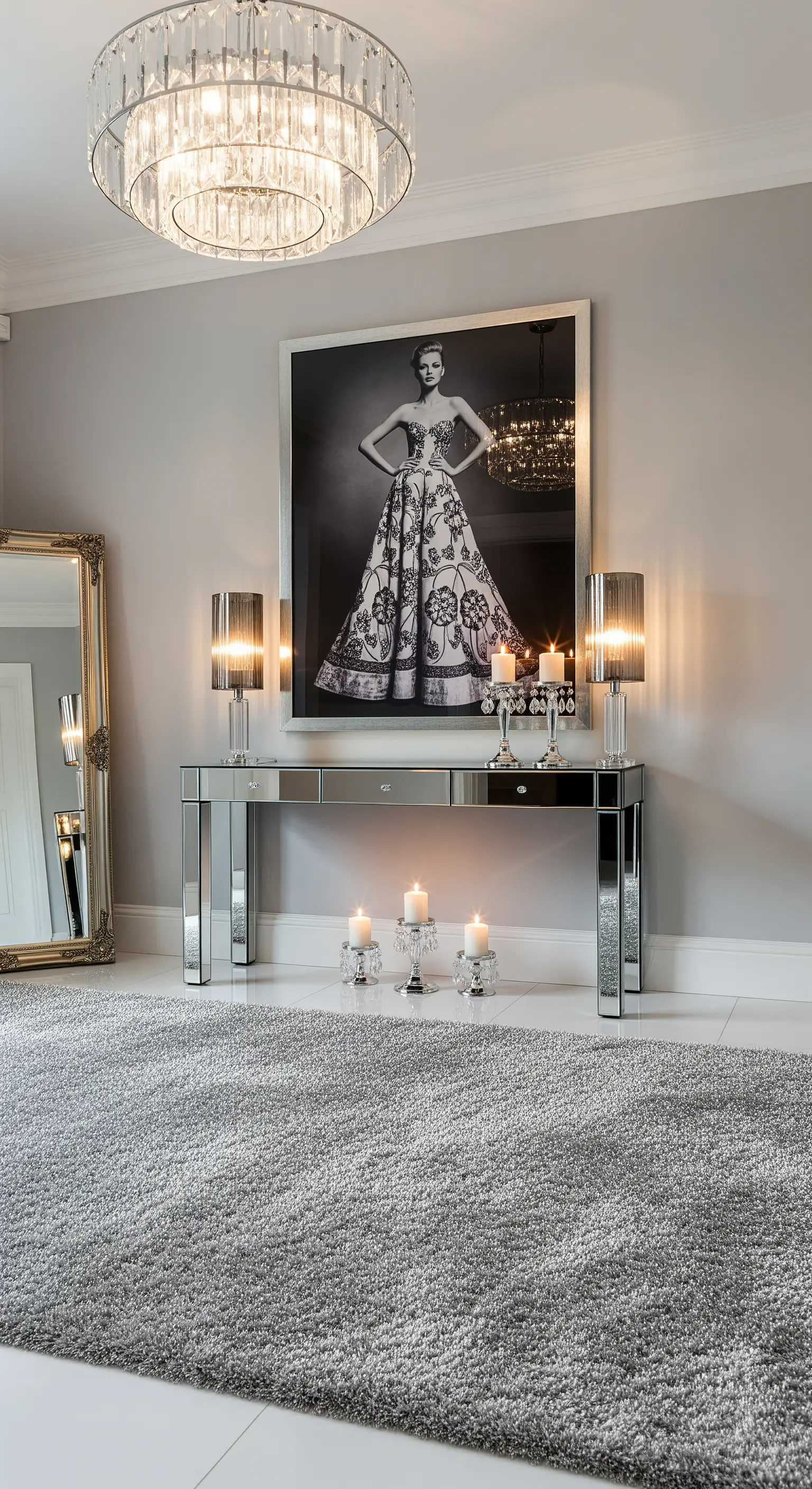 Ingresso glamour con consolle a specchio, lampadario di cristallo e tappeto grigio a pelo lungo.