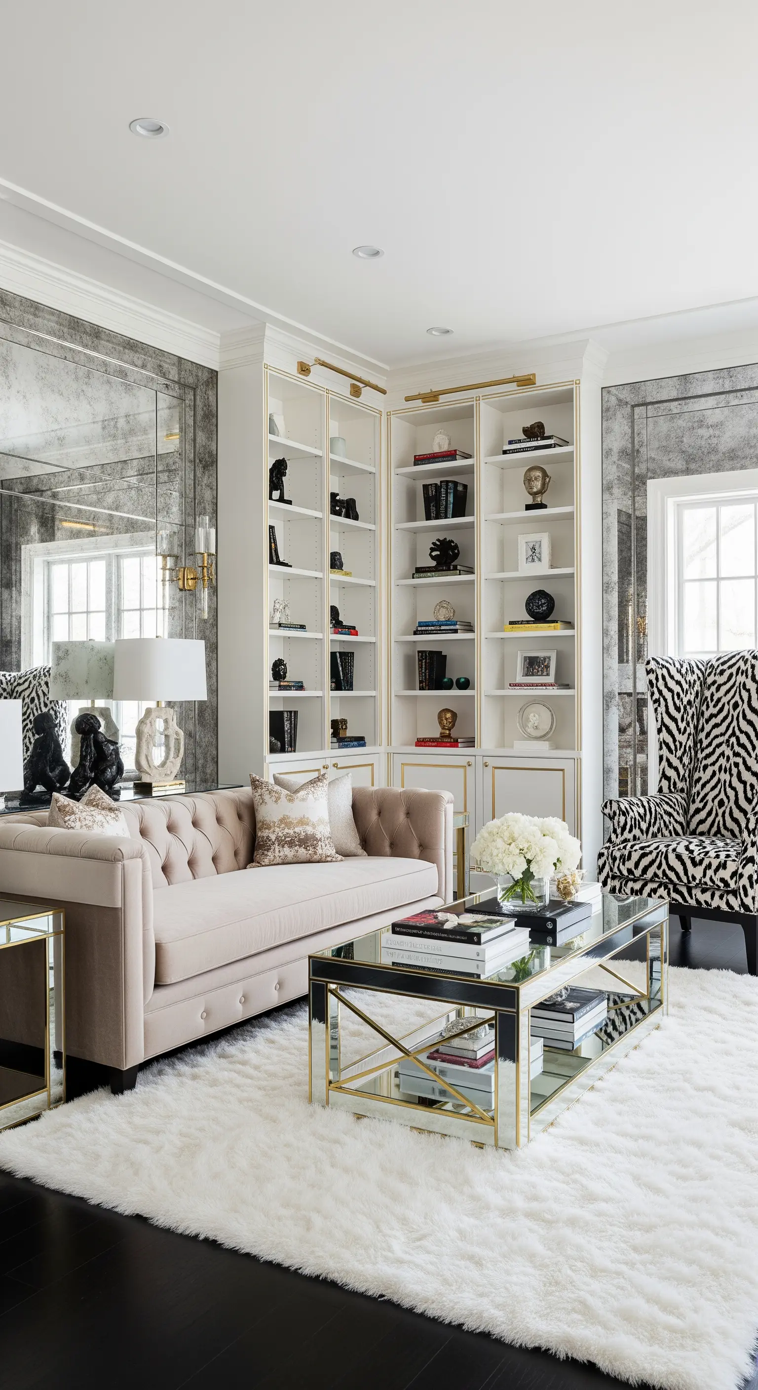 Soggiorno glamour con pareti a specchio, divano capitonné e tappeto bianco a pelo lungo.