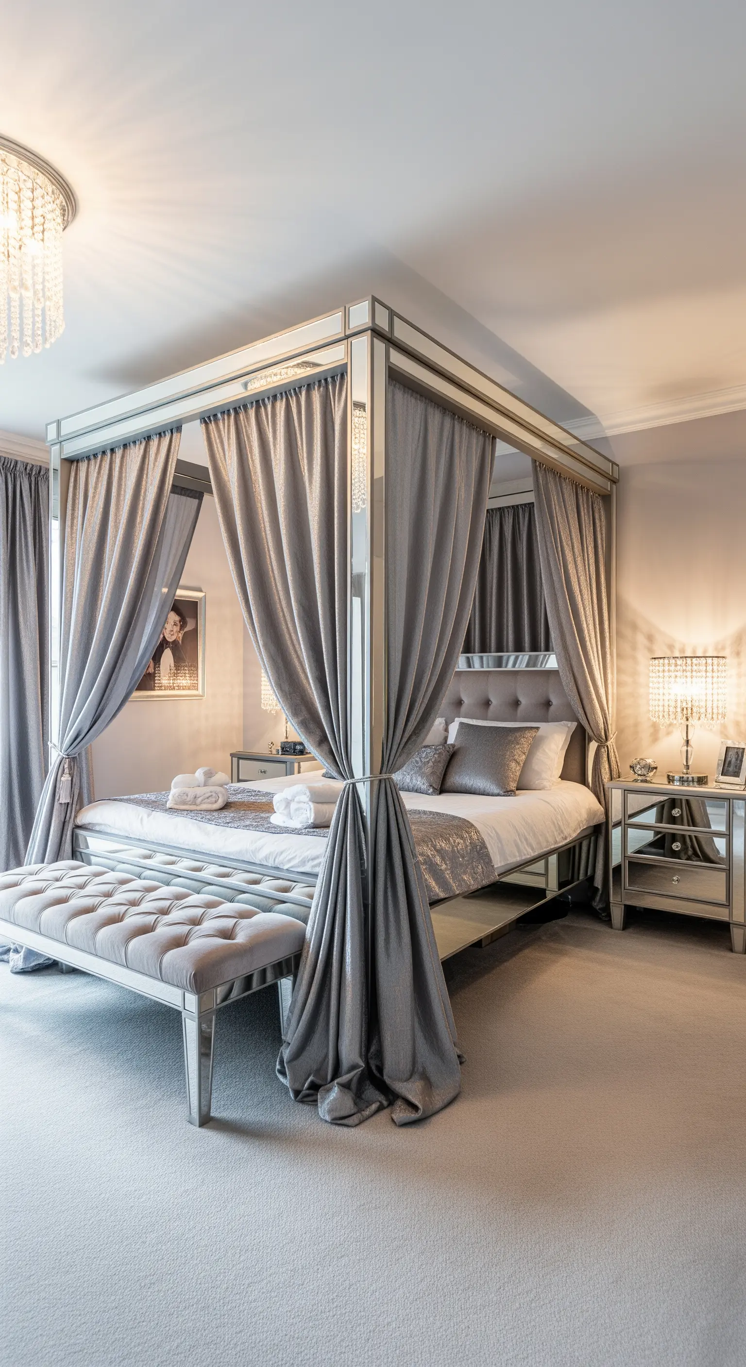 Letto a baldacchino con struttura a specchio e tende grigio argento lucide.