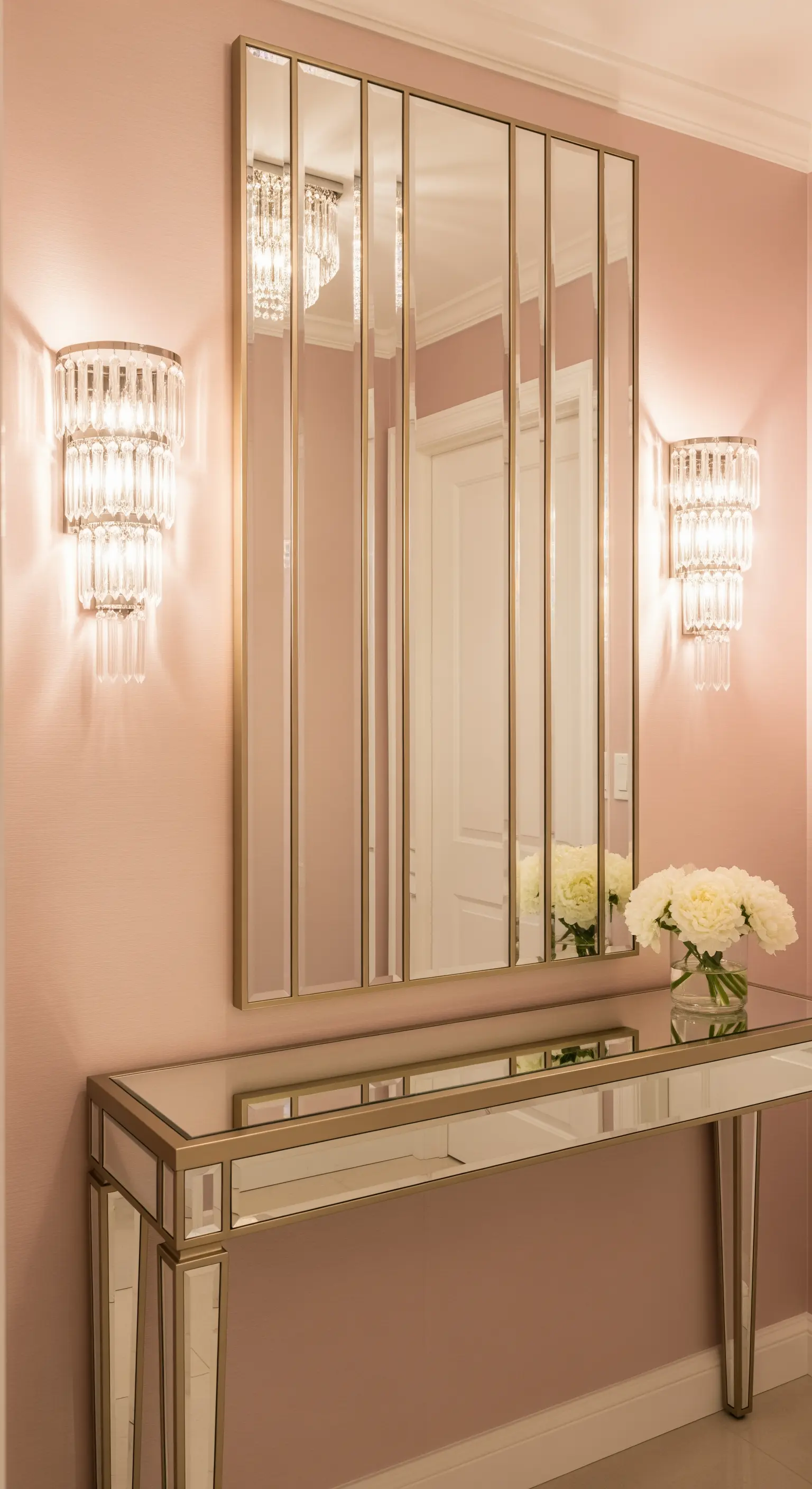 Ingresso rosa con consolle a specchio, specchio a pannelli e applique in cristallo.