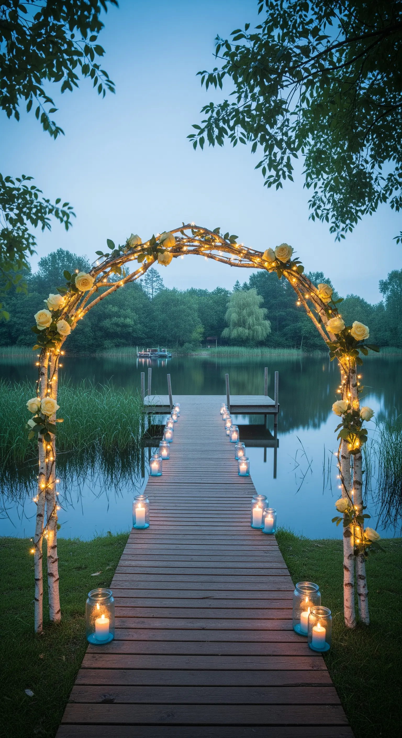 Arco di rami di betulla con luci su un pontile, che si affaccia su un lago calmo.
