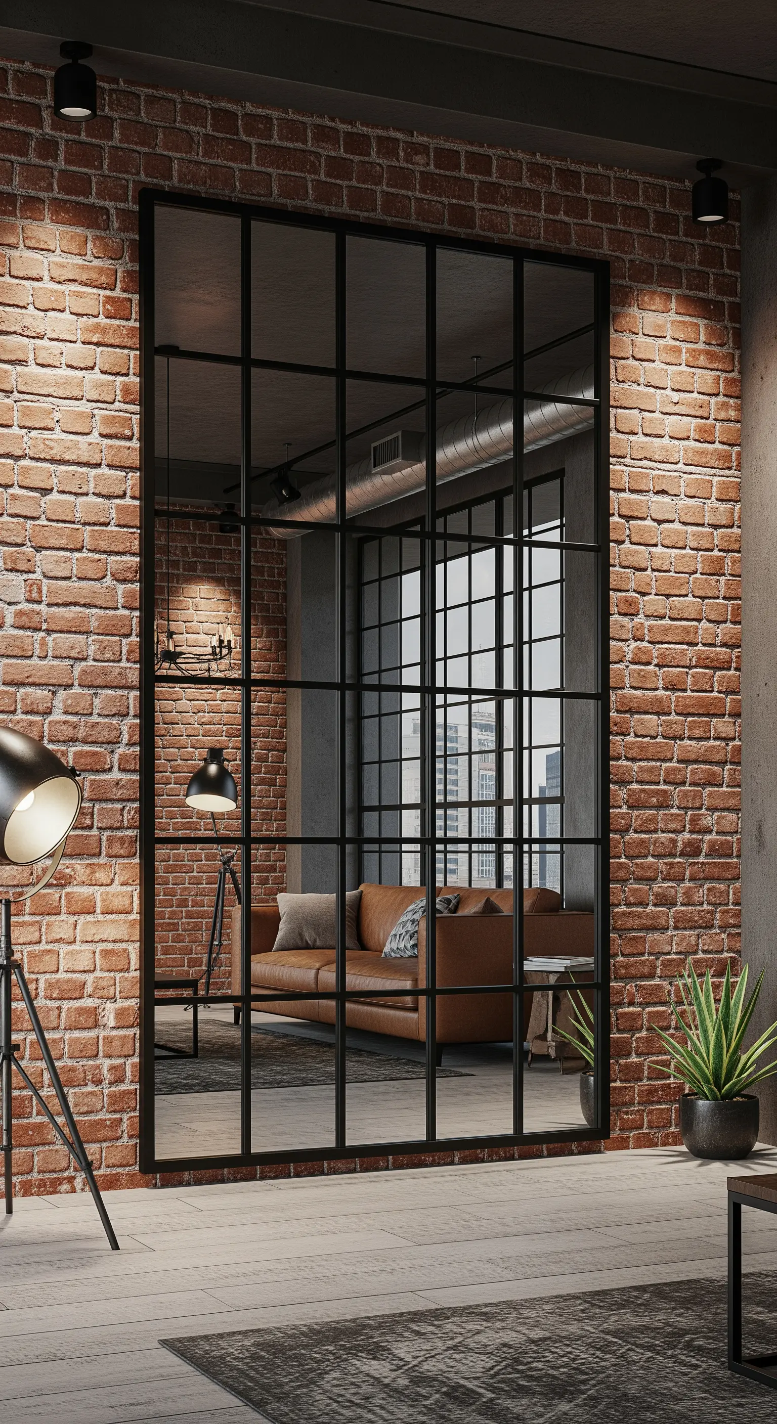 Grande specchio a griglia nero in stile industriale appoggiato a una parete di mattoni.