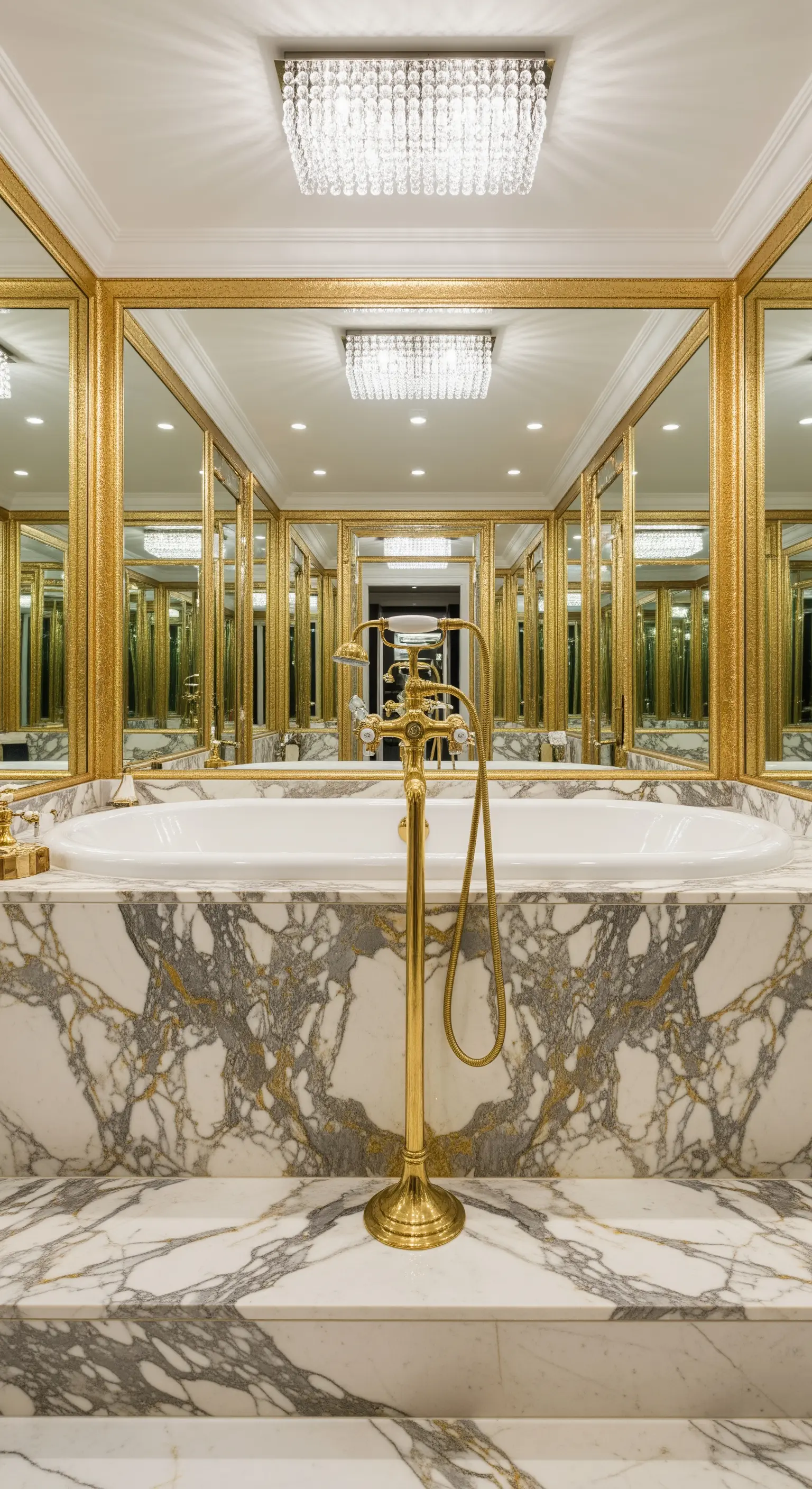 Vasca in marmo circondata da pareti a specchio con cornici dorate in un bagno lussuoso.