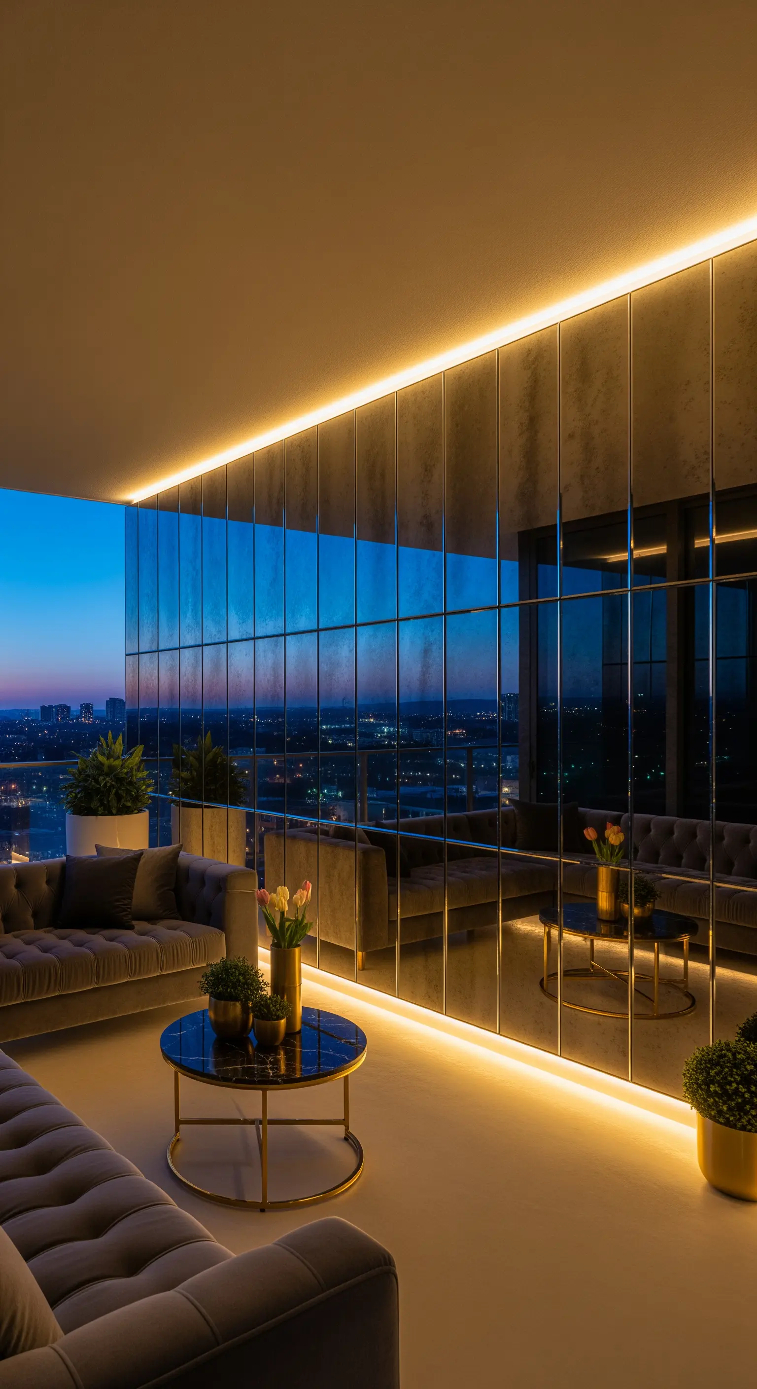 Balcone di lusso con parete a specchio e illuminazione LED integrata che riflette lo skyline.
