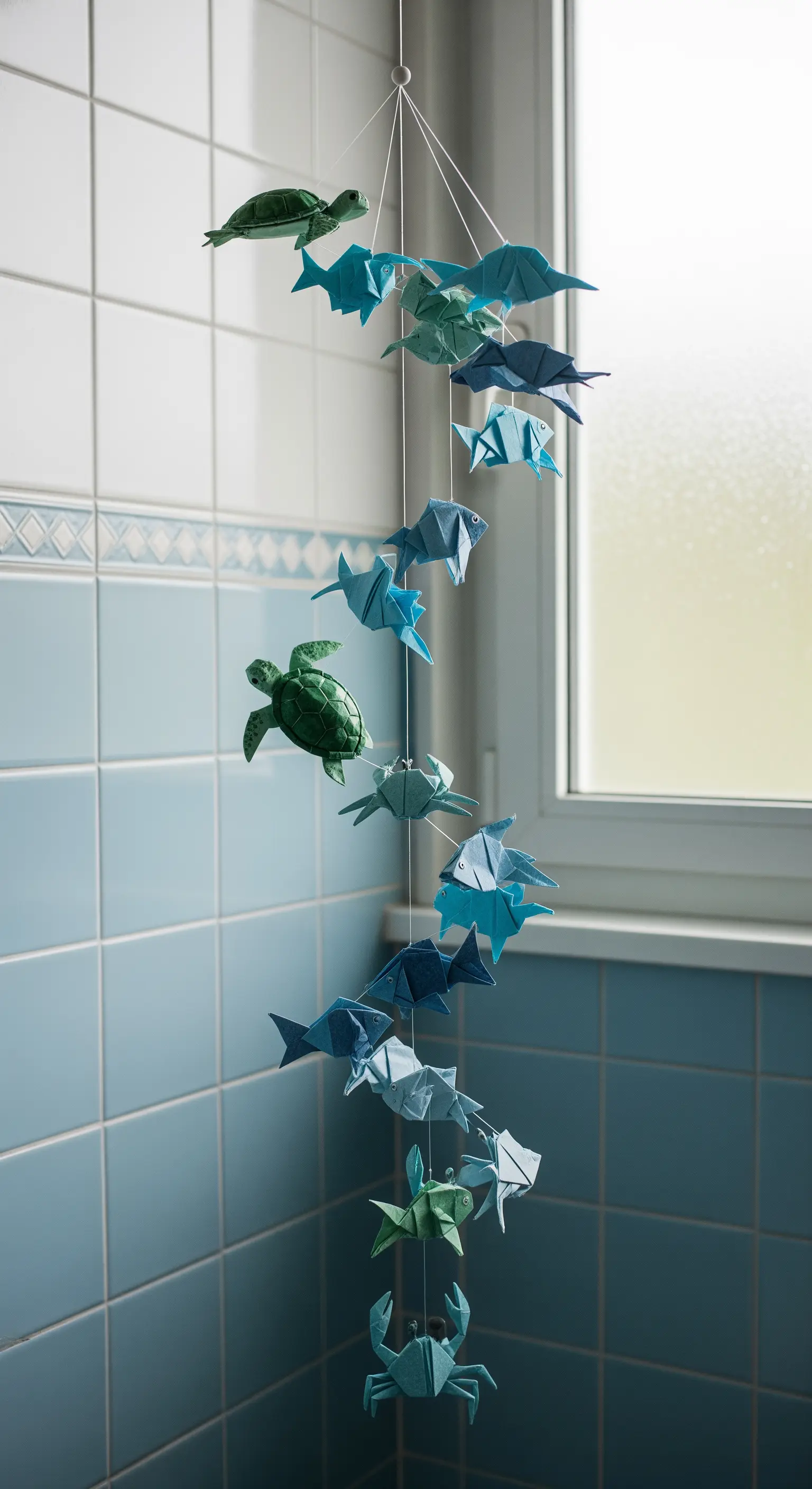 Mobile a tema marino con tartarughe e pesci di origami in un bagno piastrellato.