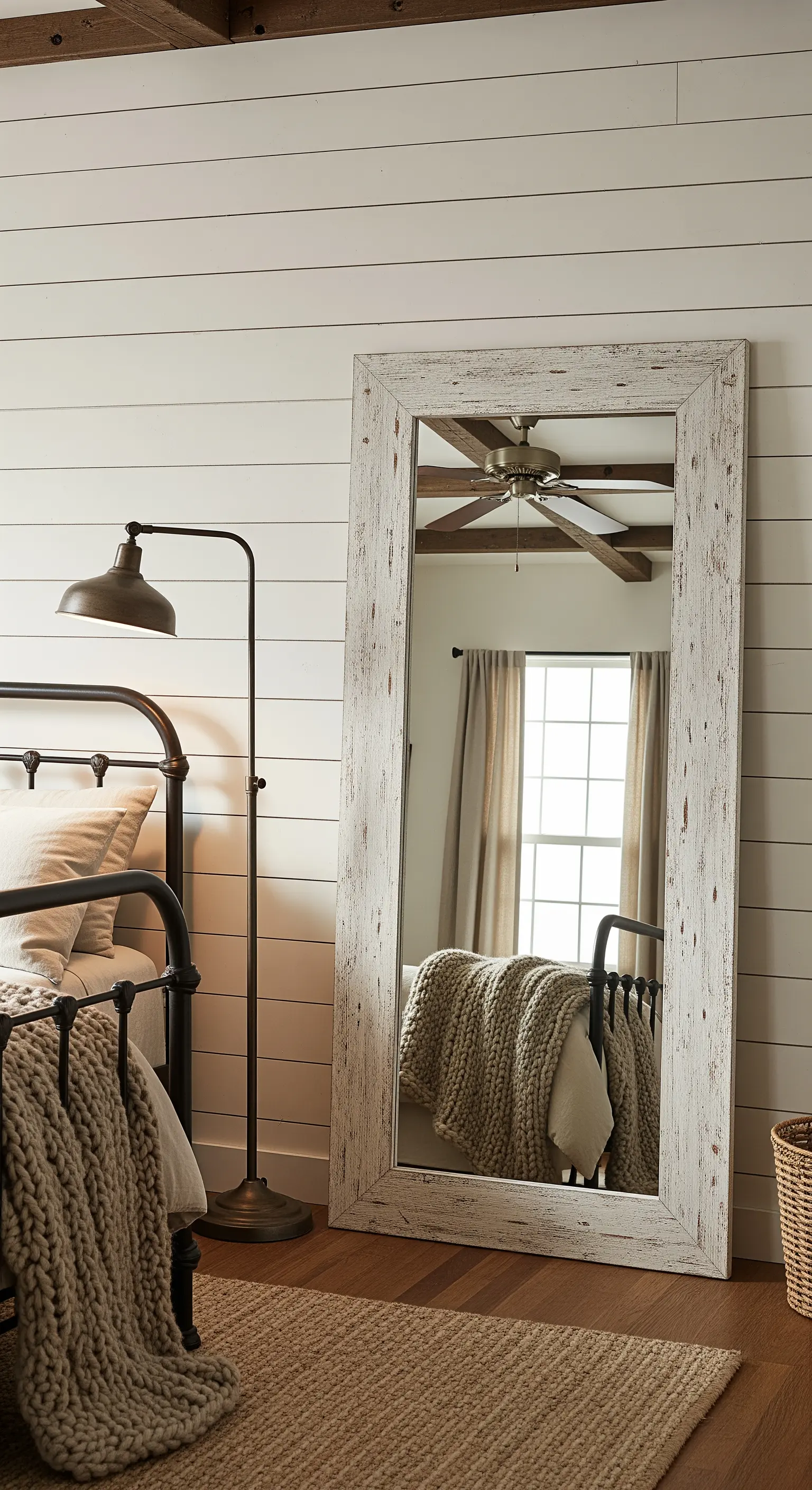 Specchio a figura intera con cornice in legno rustico, appoggiato a una parete a listoni.