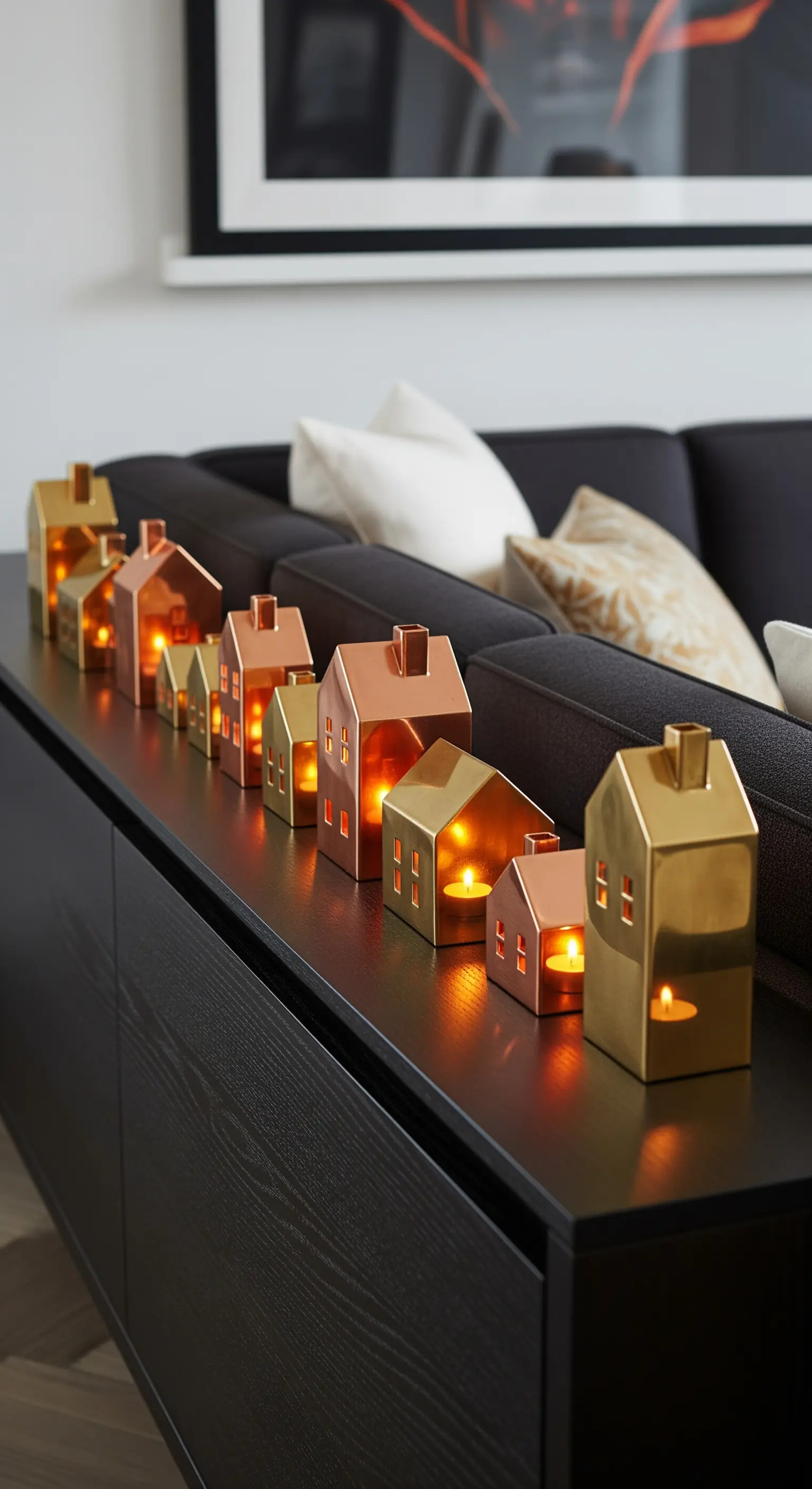 Fila di portacandele a forma di casetta in metallo color oro e rame su un mobile nero.